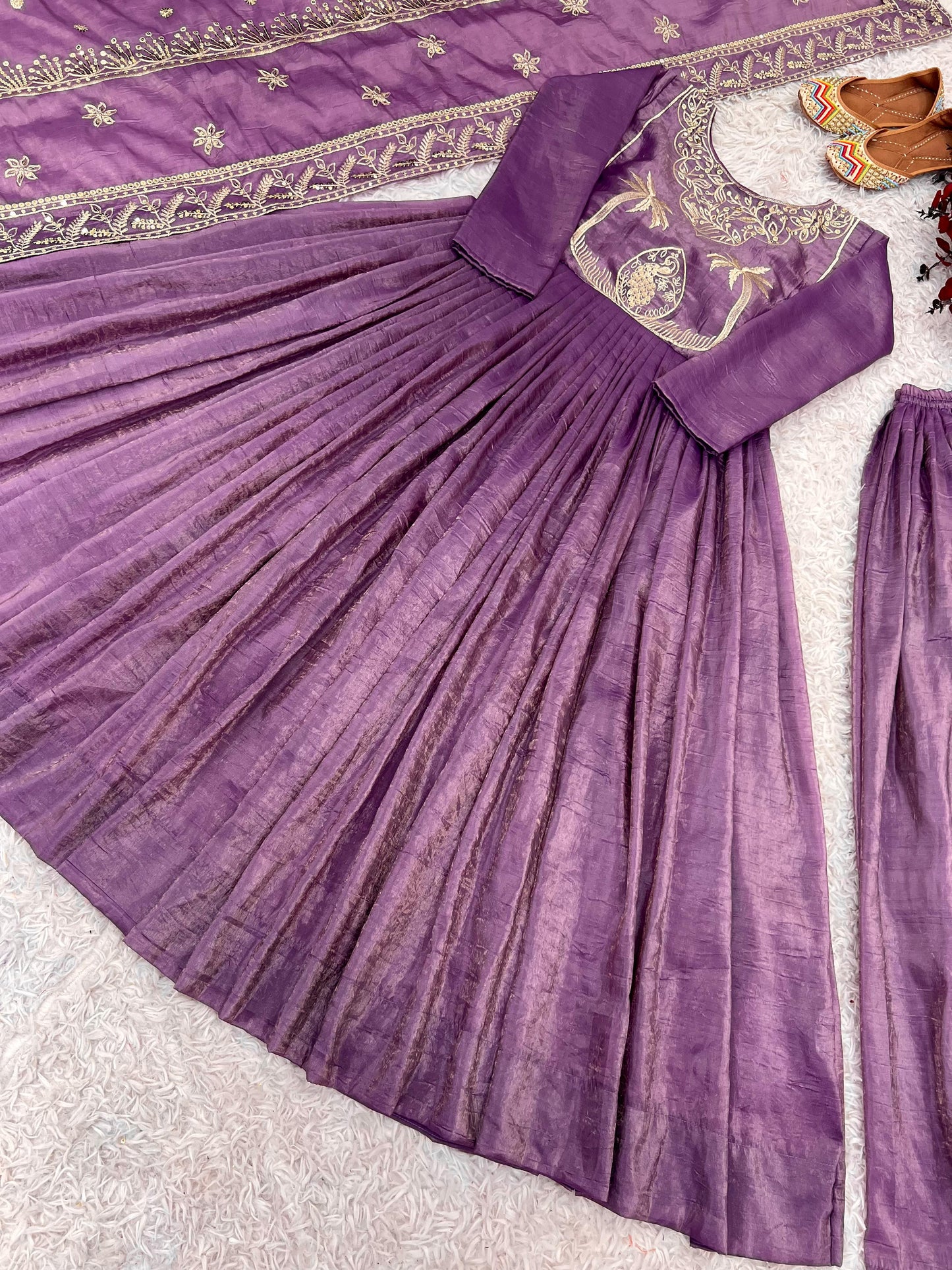 Engagement Wear Lavender Color Gold Crash With Heavy Embroidery Sequence Work With Fully Flair Designer Gown