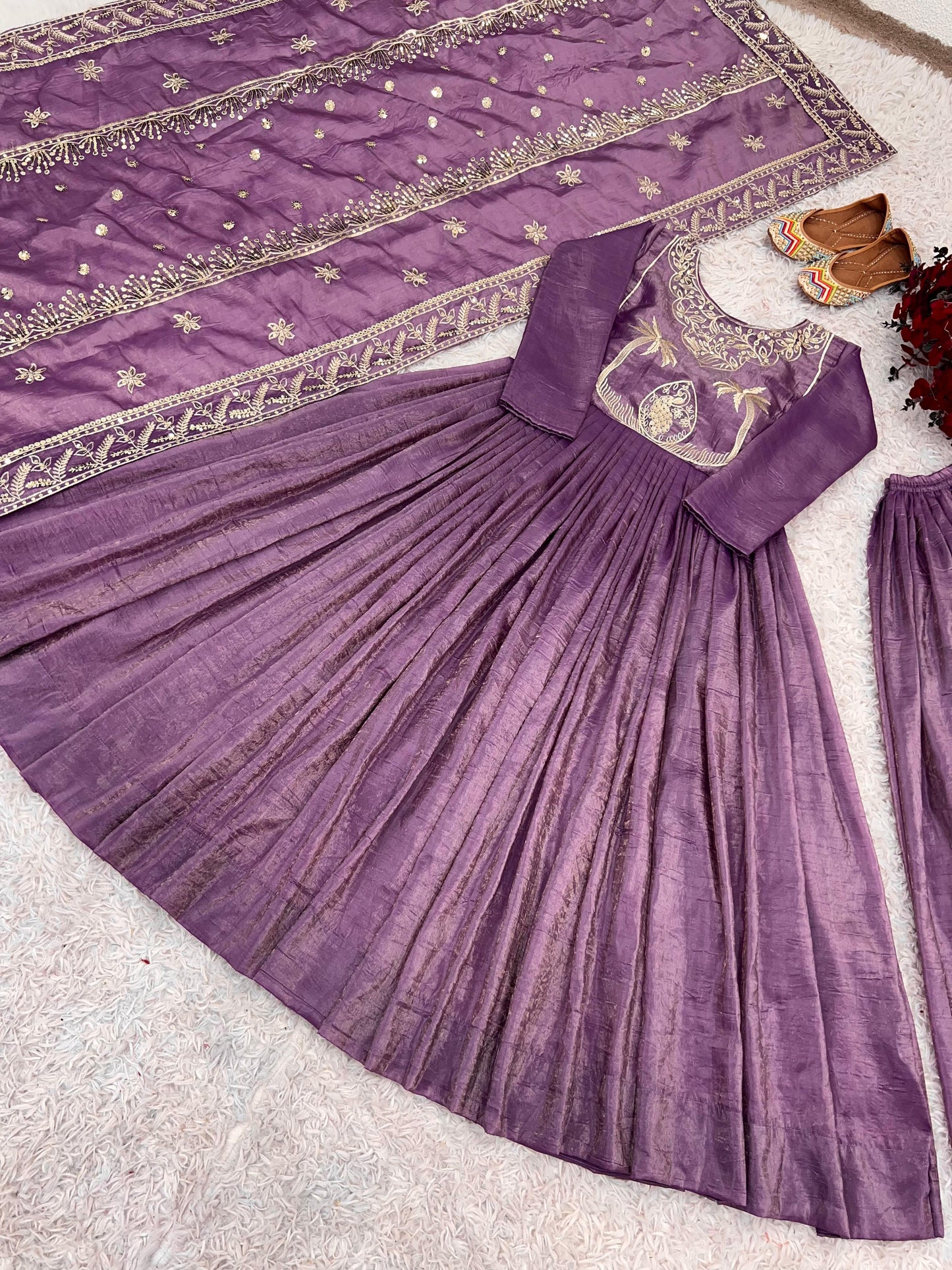 Engagement Wear Lavender Color Gold Crash With Heavy Embroidery Sequence Work With Fully Flair Designer Gown