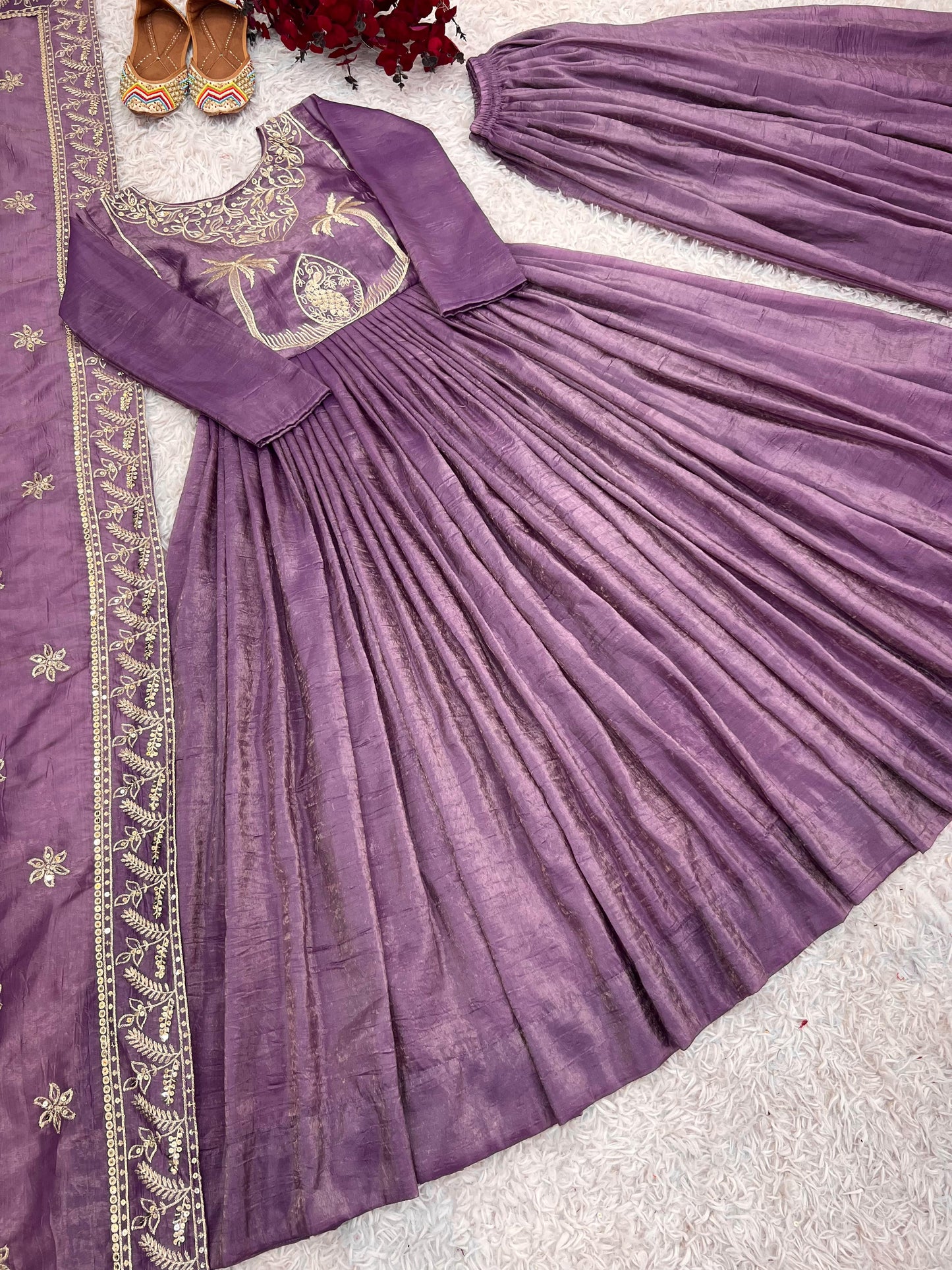 Engagement Wear Lavender Color Gold Crash With Heavy Embroidery Sequence Work With Fully Flair Designer Gown