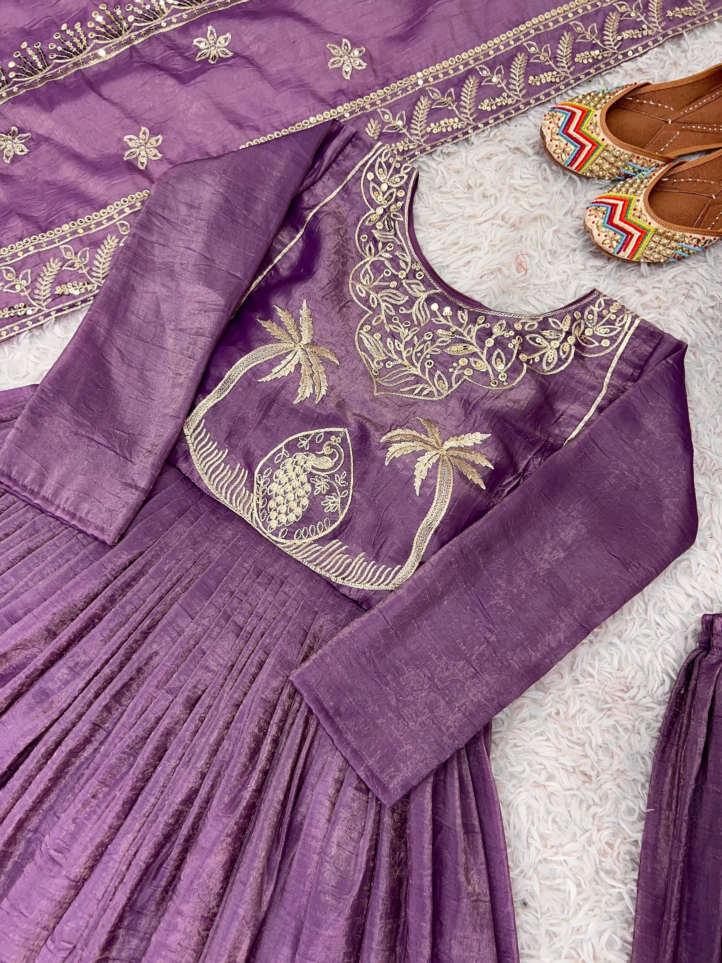 Engagement Wear Lavender Color Gold Crash With Heavy Embroidery Sequence Work With Fully Flair Designer Gown