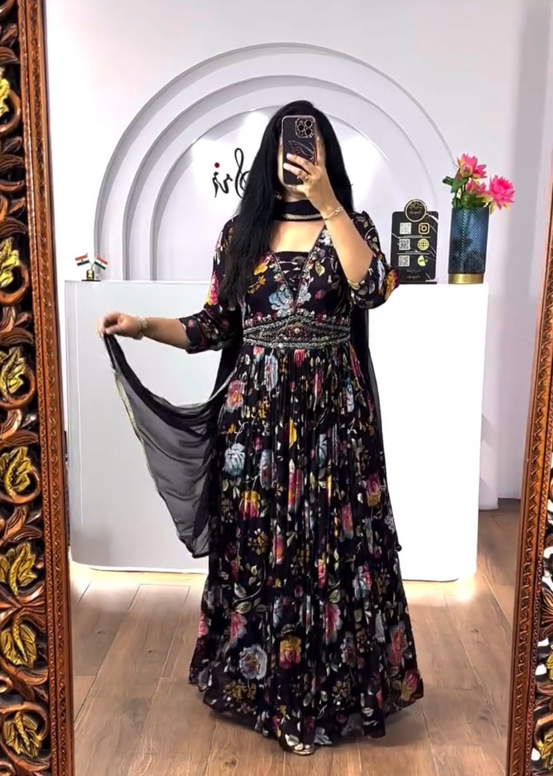 Dazzling Navy Blue Color Chinon And Digital Print With Embroidery Work Designer Gown