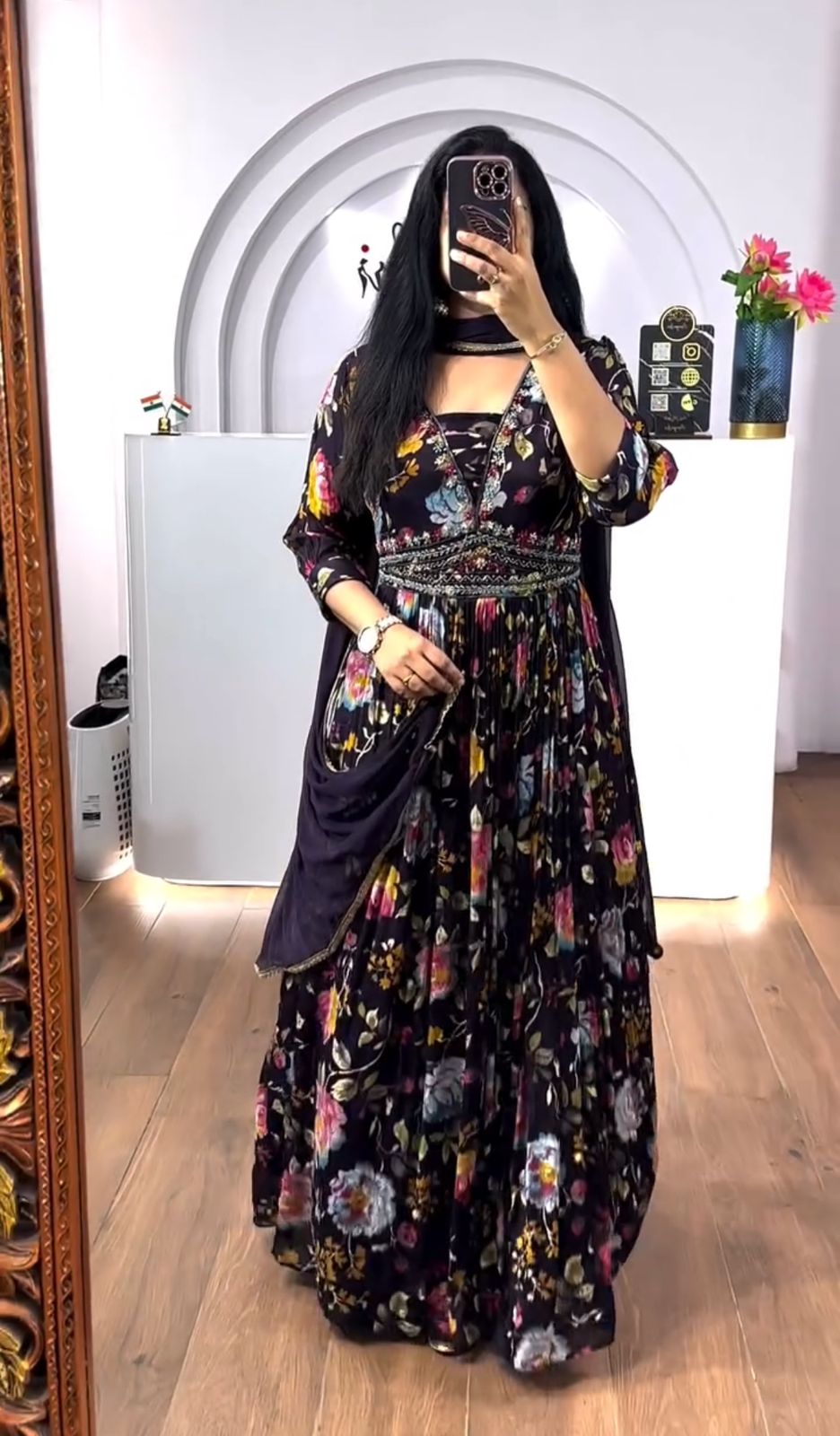 Dazzling Navy Blue Color Chinon And Digital Print With Embroidery Work Designer Gown