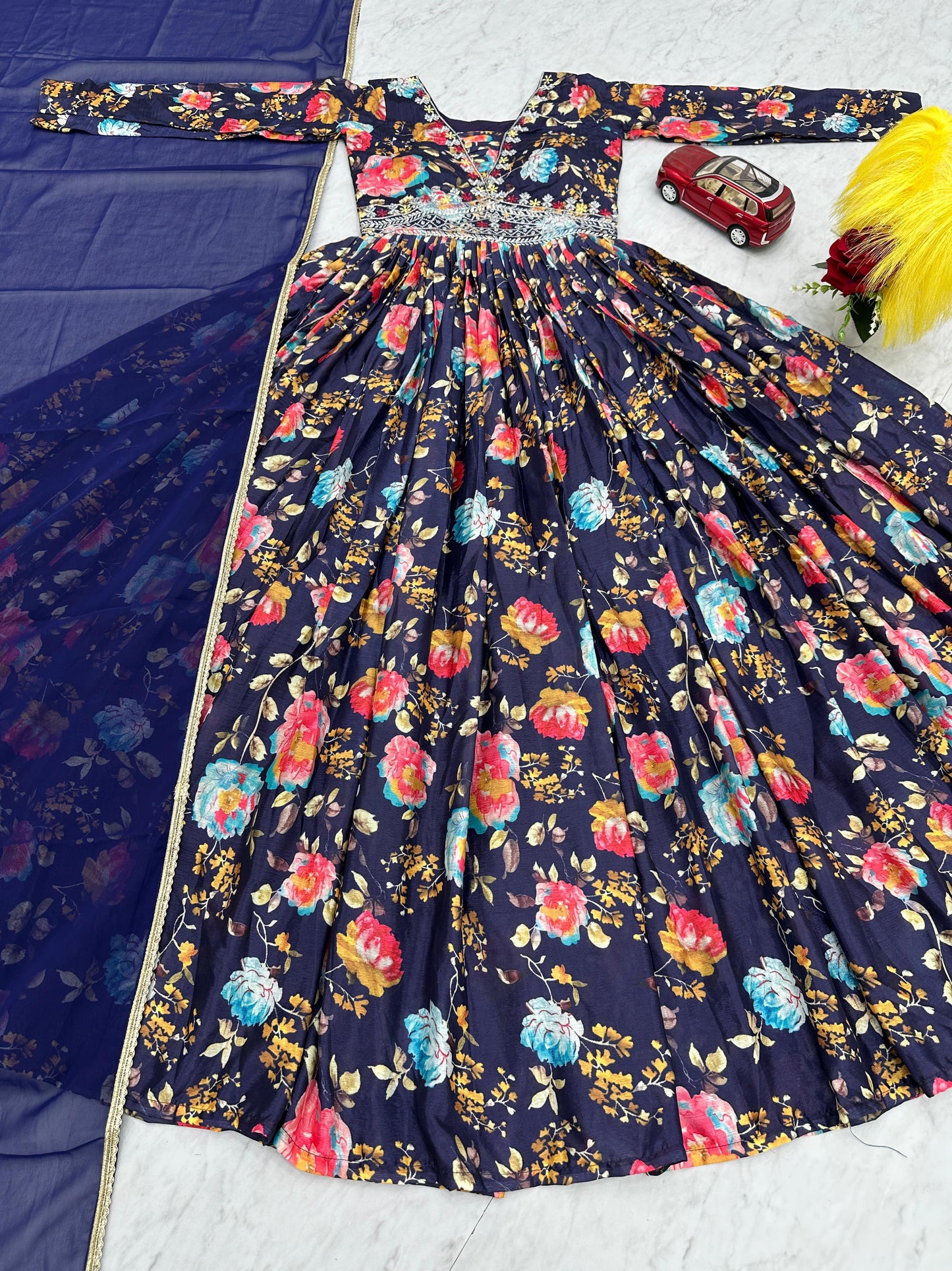Dazzling Navy Blue Color Chinon And Digital Print With Embroidery Work Designer Gown