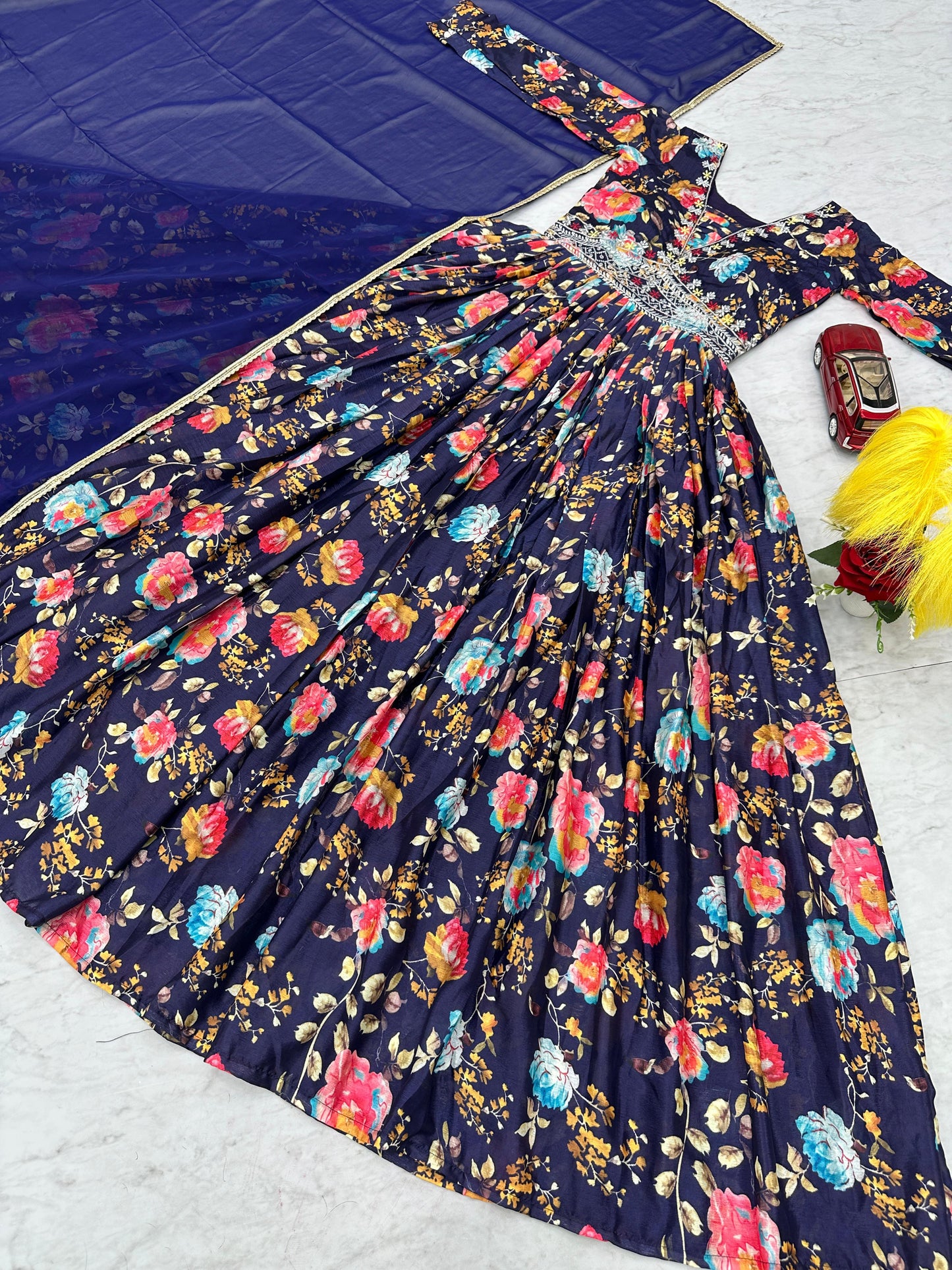 Dazzling Navy Blue Color Chinon And Digital Print With Embroidery Work Designer Gown