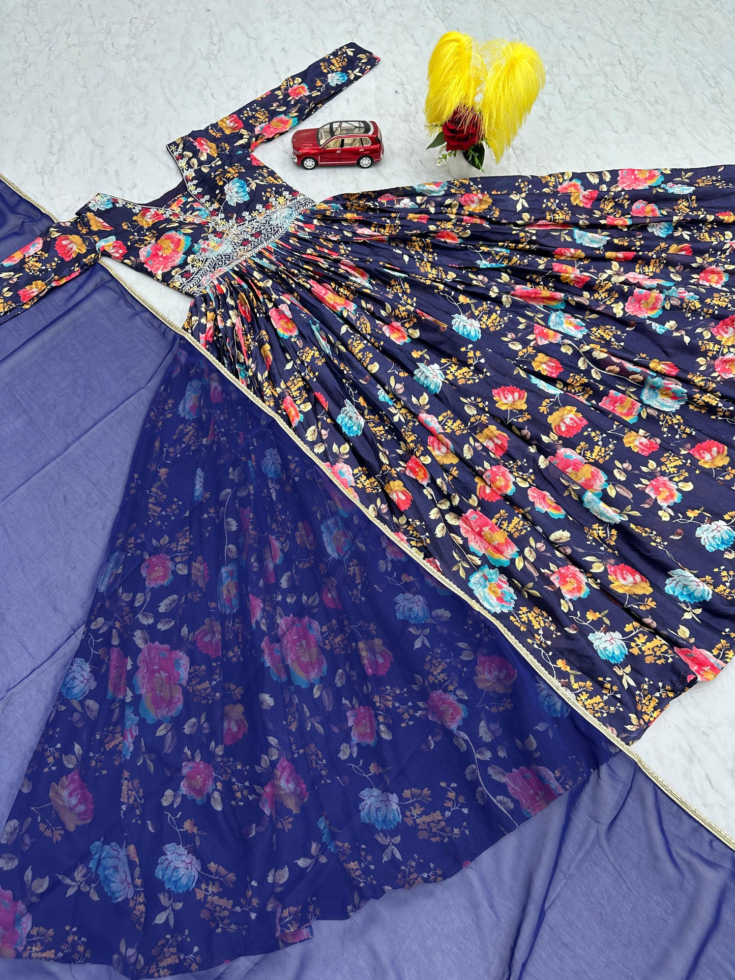 Dazzling Navy Blue Color Chinon And Digital Print With Embroidery Work Designer Gown