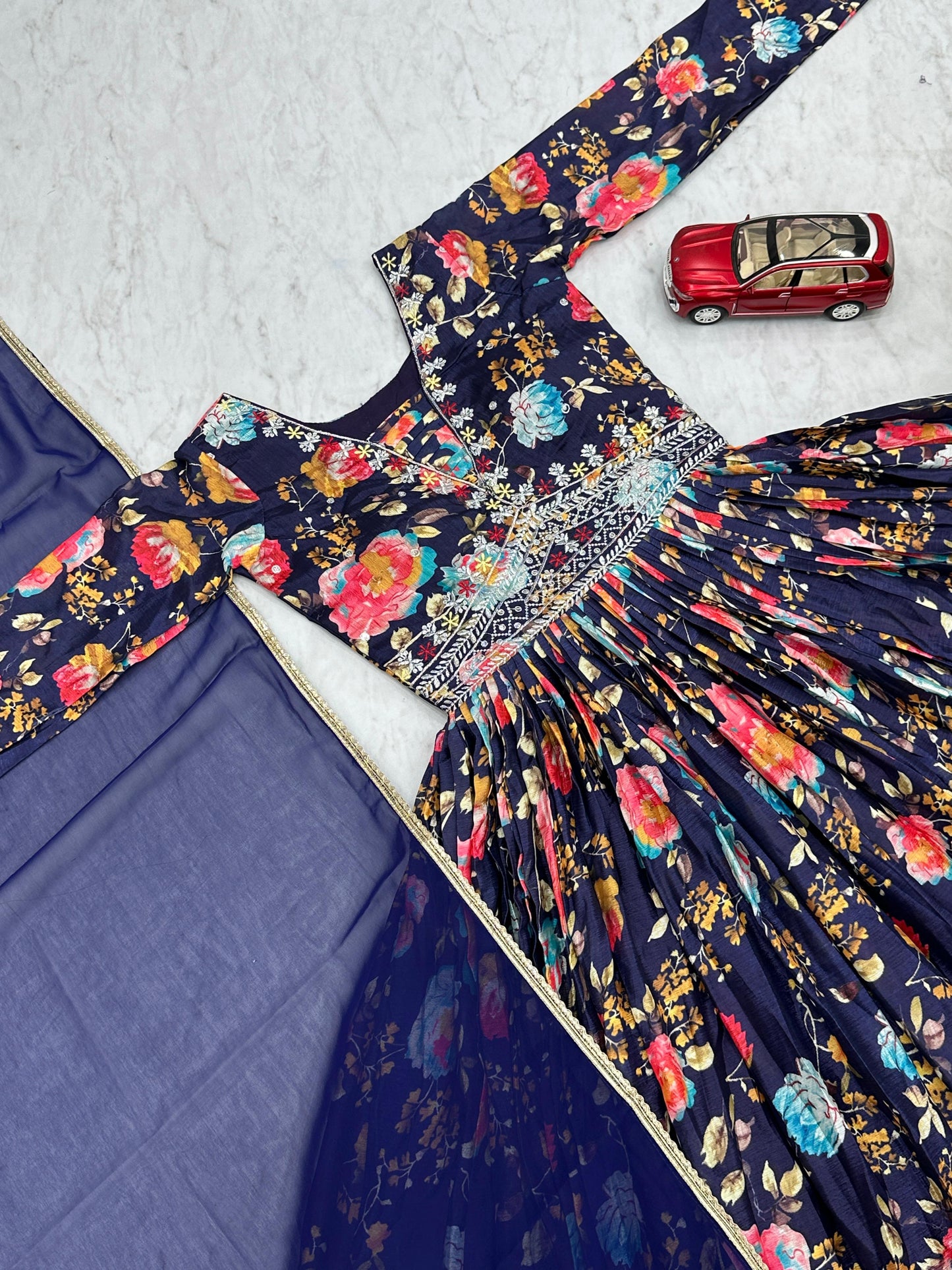 Dazzling Navy Blue Color Chinon And Digital Print With Embroidery Work Designer Gown