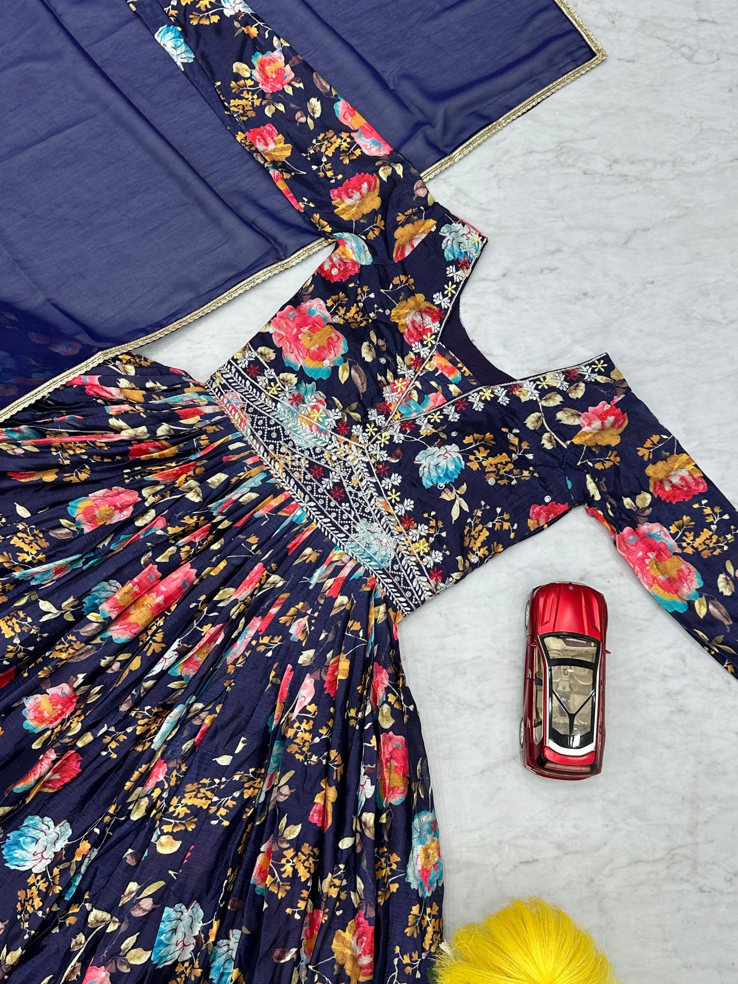 Dazzling Navy Blue Color Chinon And Digital Print With Embroidery Work Designer Gown