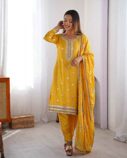 Ceremony Wear Yellow Color Chinon Silk And Thread With Sequence Work Beautiful Salwar Suit