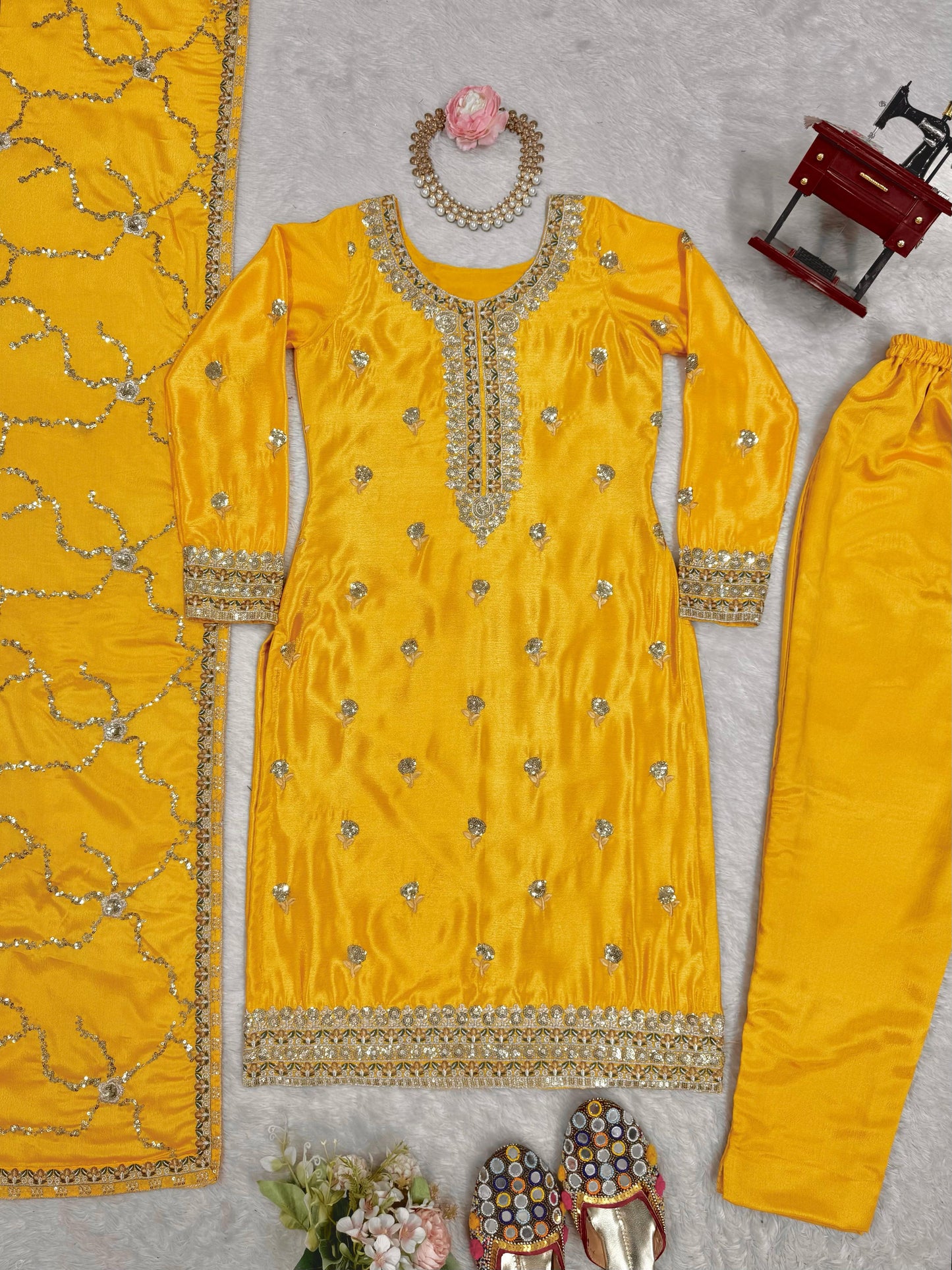 Ceremony Wear Yellow Color Chinon Silk And Thread With Sequence Work Beautiful Salwar Suit
