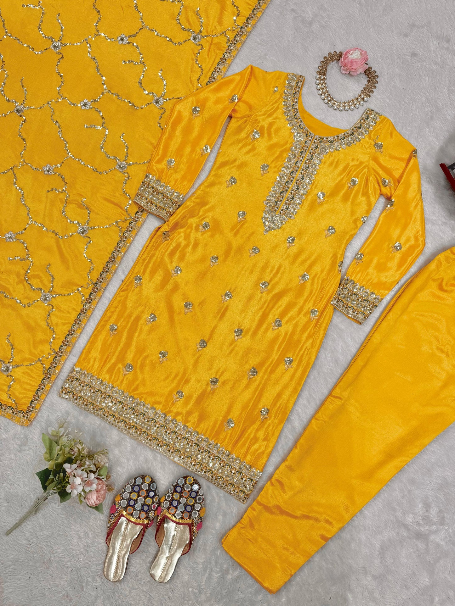 Ceremony Wear Yellow Color Chinon Silk And Thread With Sequence Work Beautiful Salwar Suit