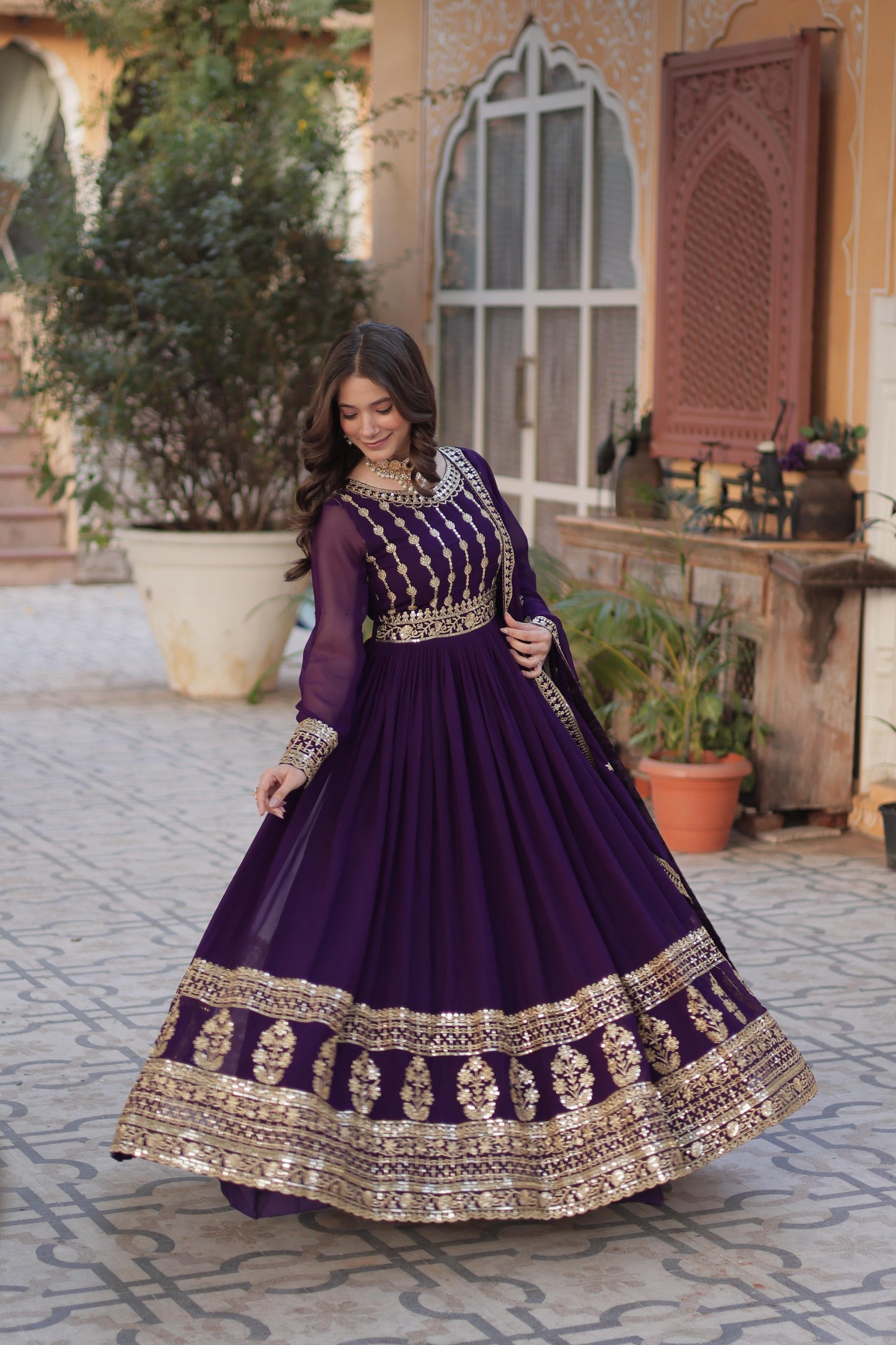 Fabulous Purple Color Faux Blooming With Embroidery Zari Sequins Work Designer Gown