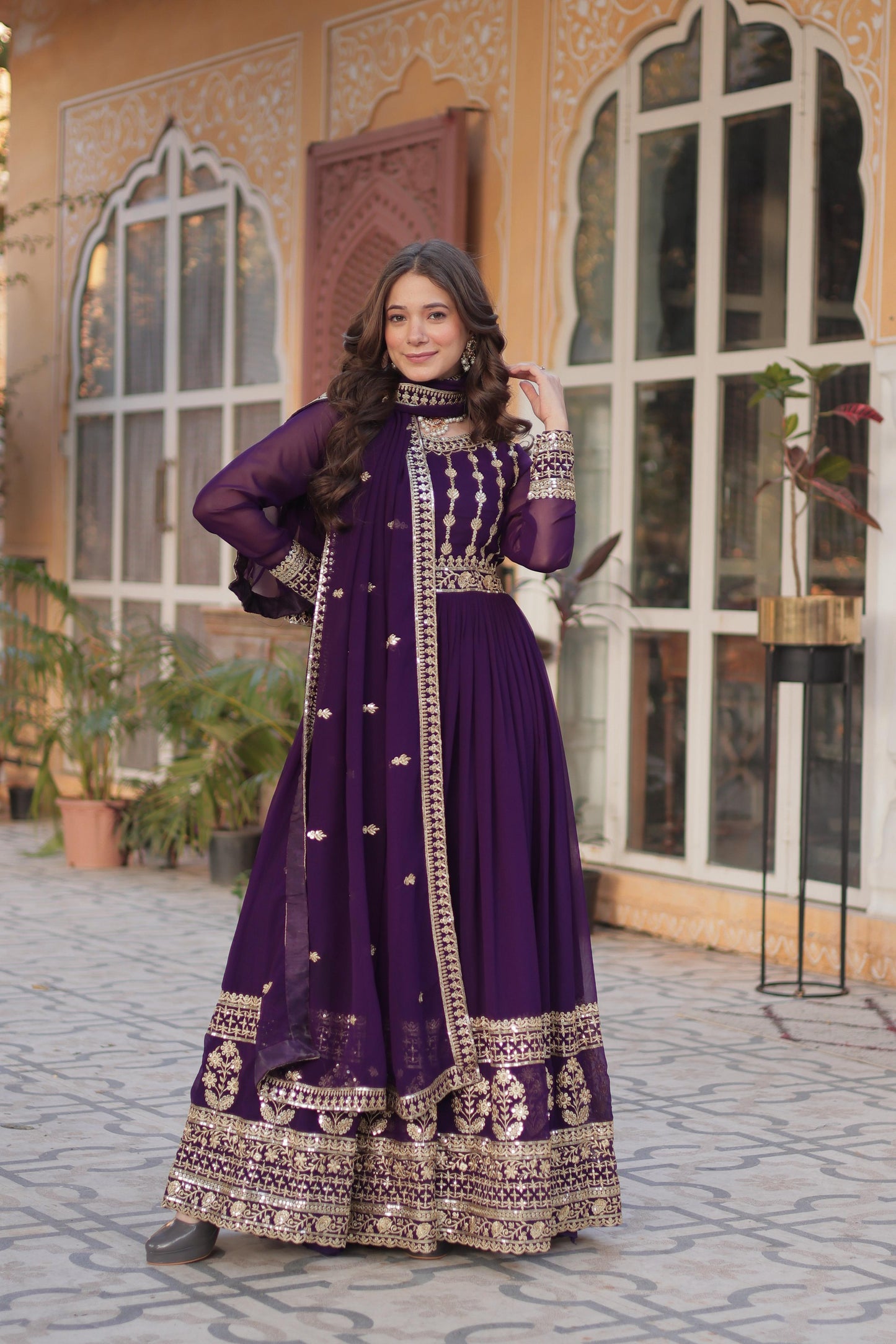 Fabulous Purple Color Faux Blooming With Embroidery Zari Sequins Work Designer Gown