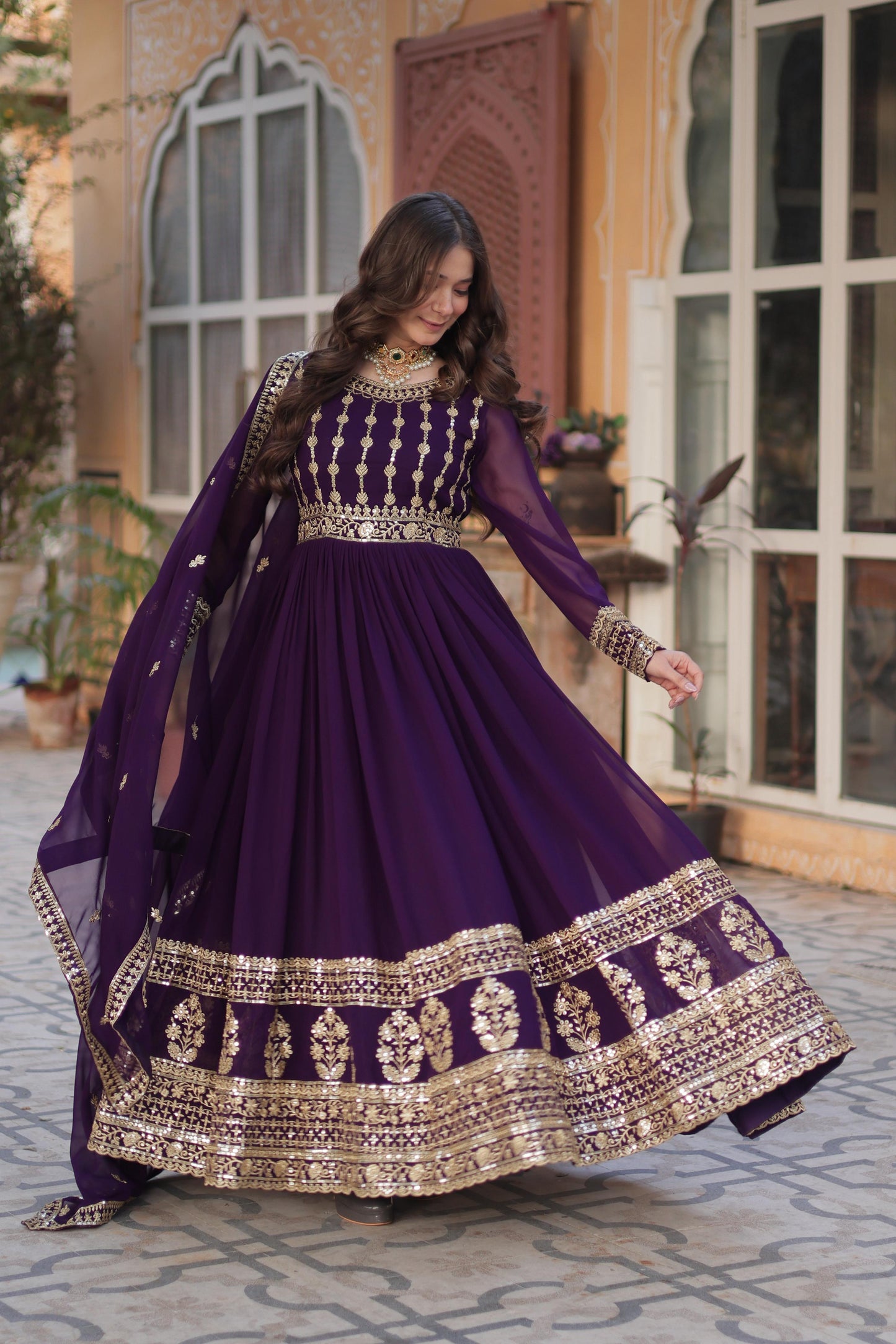 Fabulous Purple Color Faux Blooming With Embroidery Zari Sequins Work Designer Gown