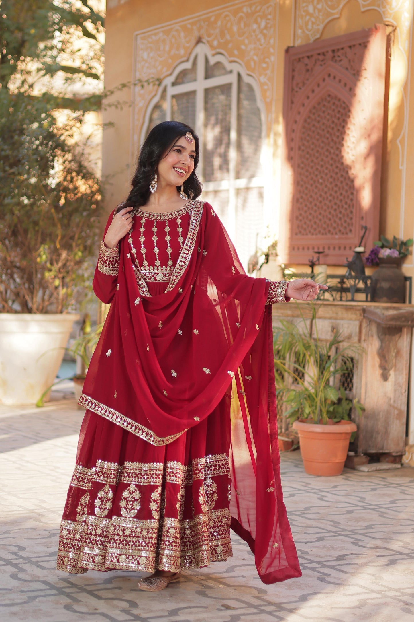 Fabulous Red Color Faux Blooming With Embroidery Zari Sequins Work Designer Gown
