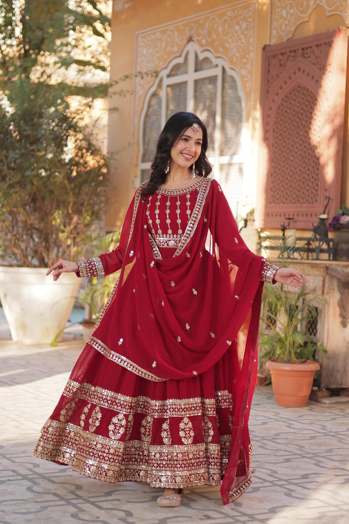 Fabulous Red Color Faux Blooming With Embroidery Zari Sequins Work Designer Gown