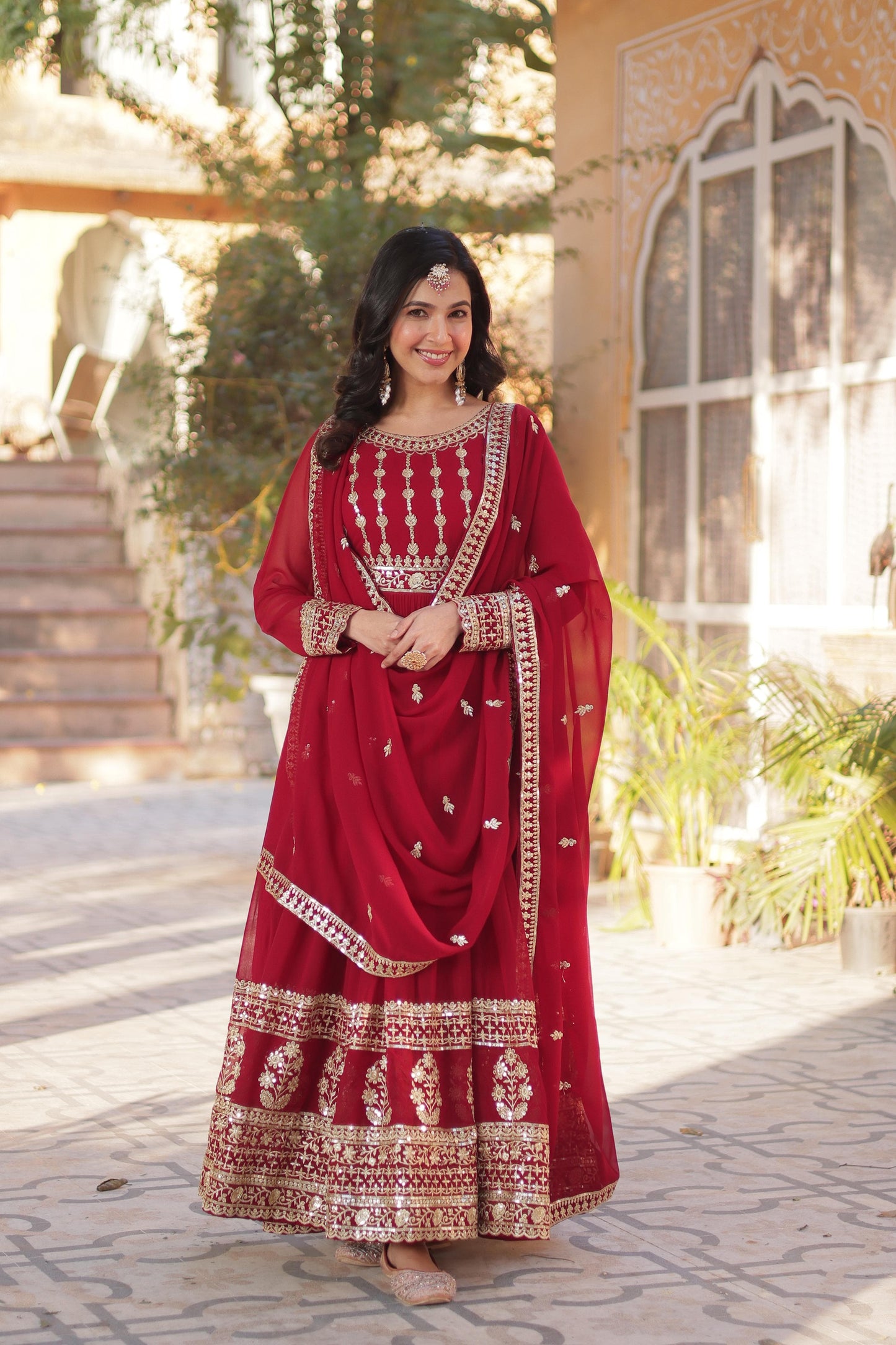 Fabulous Red Color Faux Blooming With Embroidery Zari Sequins Work Designer Gown