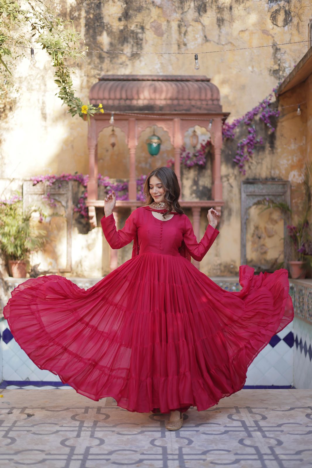Wedding Wear Dark Pink Color Star Georgette Fully Flair Gown And Designer Embroidered Dupatta