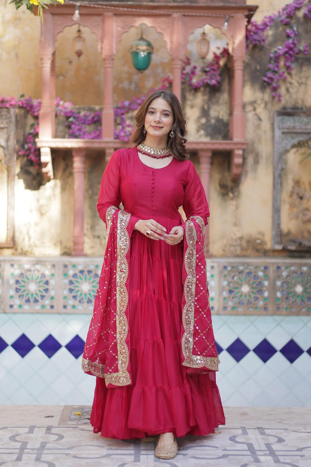 Wedding Wear Dark Pink Color Star Georgette Fully Flair Gown And Designer Embroidered Dupatta
