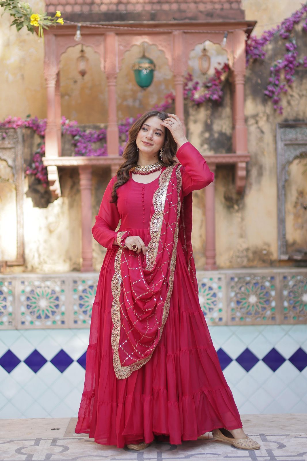 Wedding Wear Dark Pink Color Star Georgette Fully Flair Gown And Designer Embroidered Dupatta