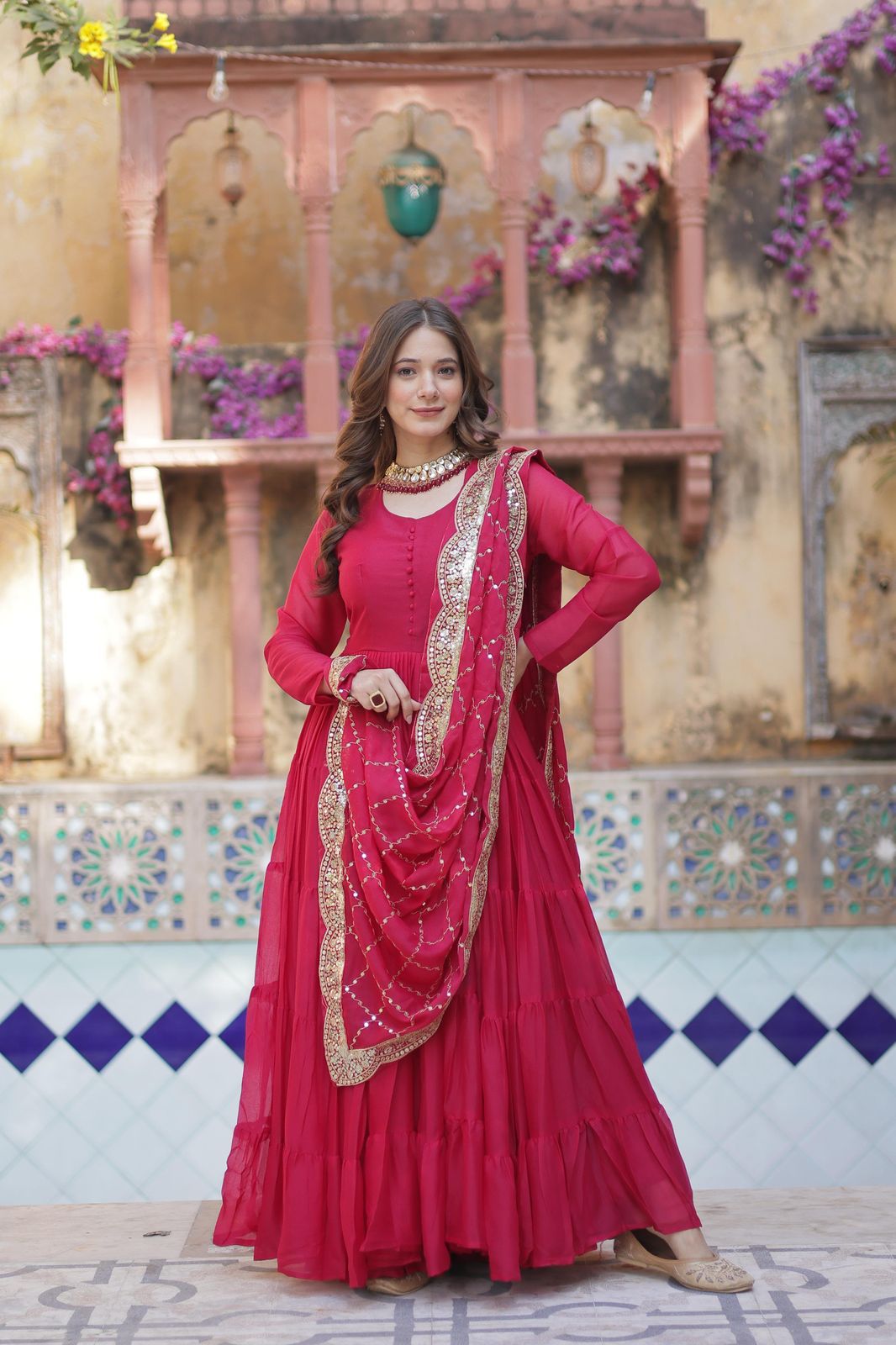 Wedding Wear Dark Pink Color Star Georgette Fully Flair Gown And Designer Embroidered Dupatta