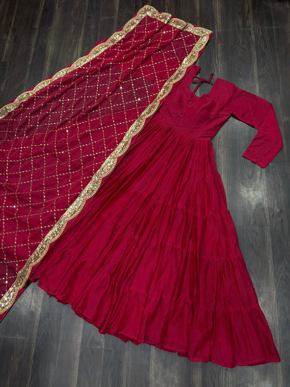 Wedding Wear Dark Pink Color Star Georgette Fully Flair Gown And Designer Embroidered Dupatta