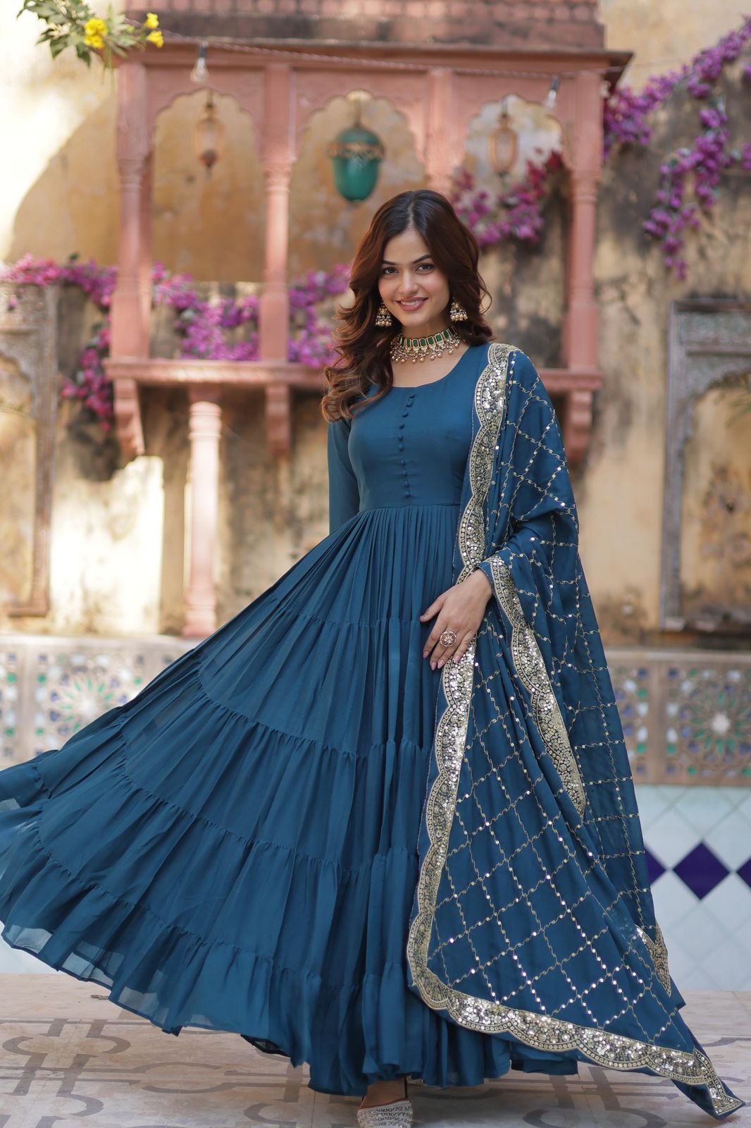 Ceremony Wear Teal Color Star Georgette Fully Flair Gown And Designer Embroidered Dupatta