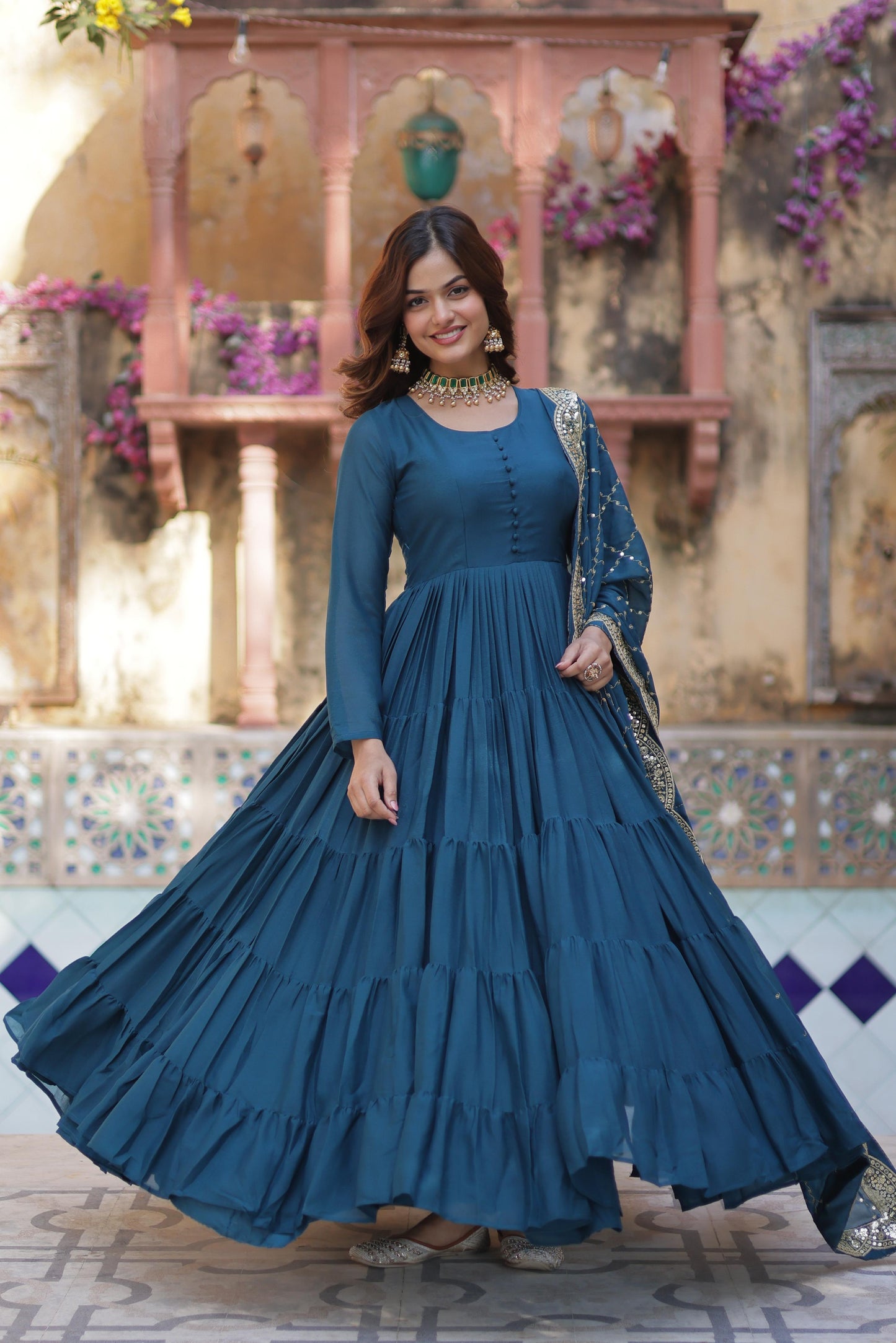 Ceremony Wear Teal Color Star Georgette Fully Flair Gown And Designer Embroidered Dupatta