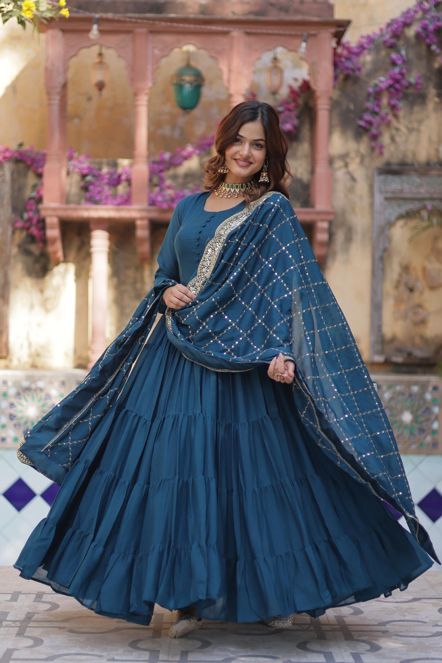 Ceremony Wear Teal Color Star Georgette Fully Flair Gown And Designer Embroidered Dupatta