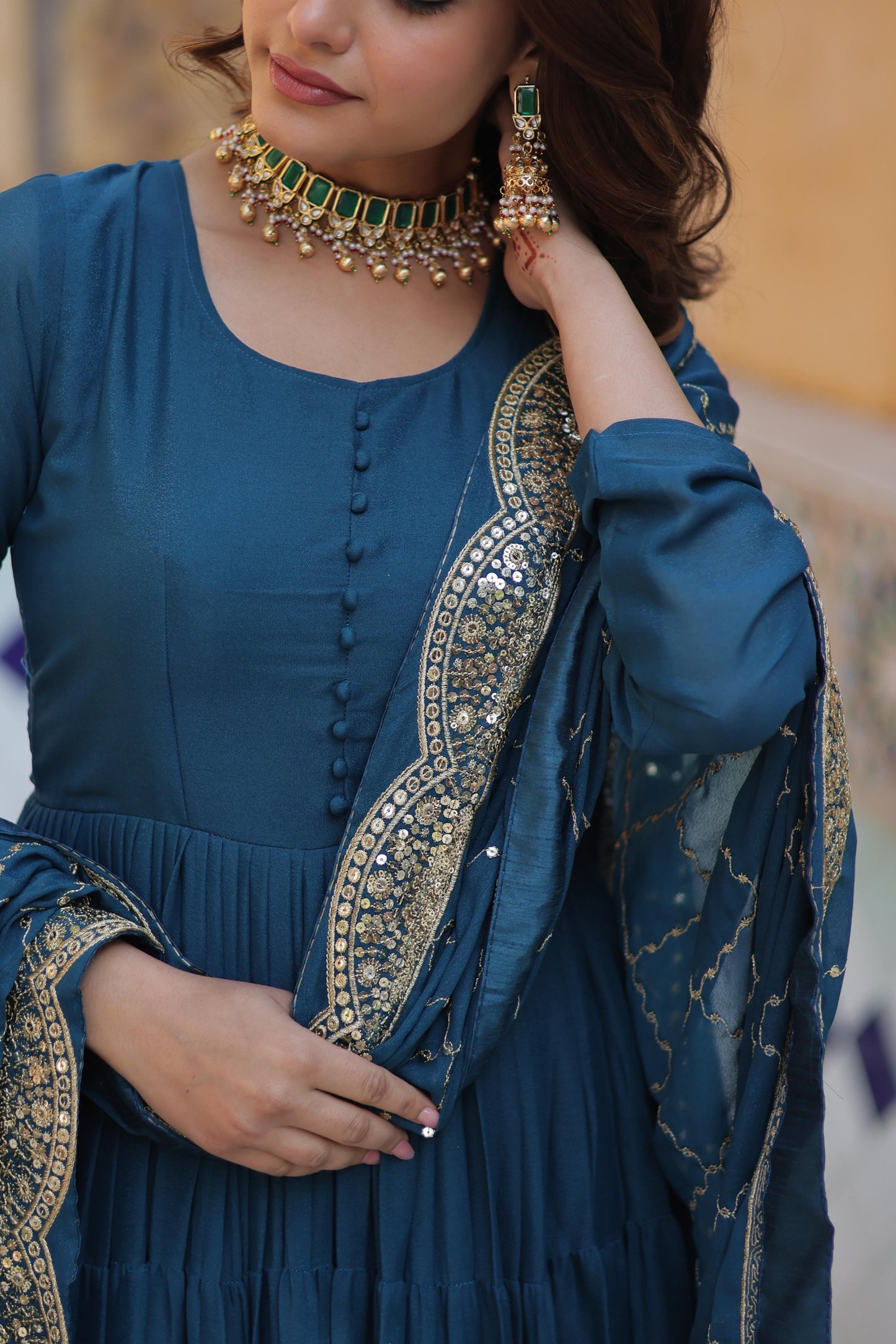 Ceremony Wear Teal Color Star Georgette Fully Flair Gown And Designer Embroidered Dupatta