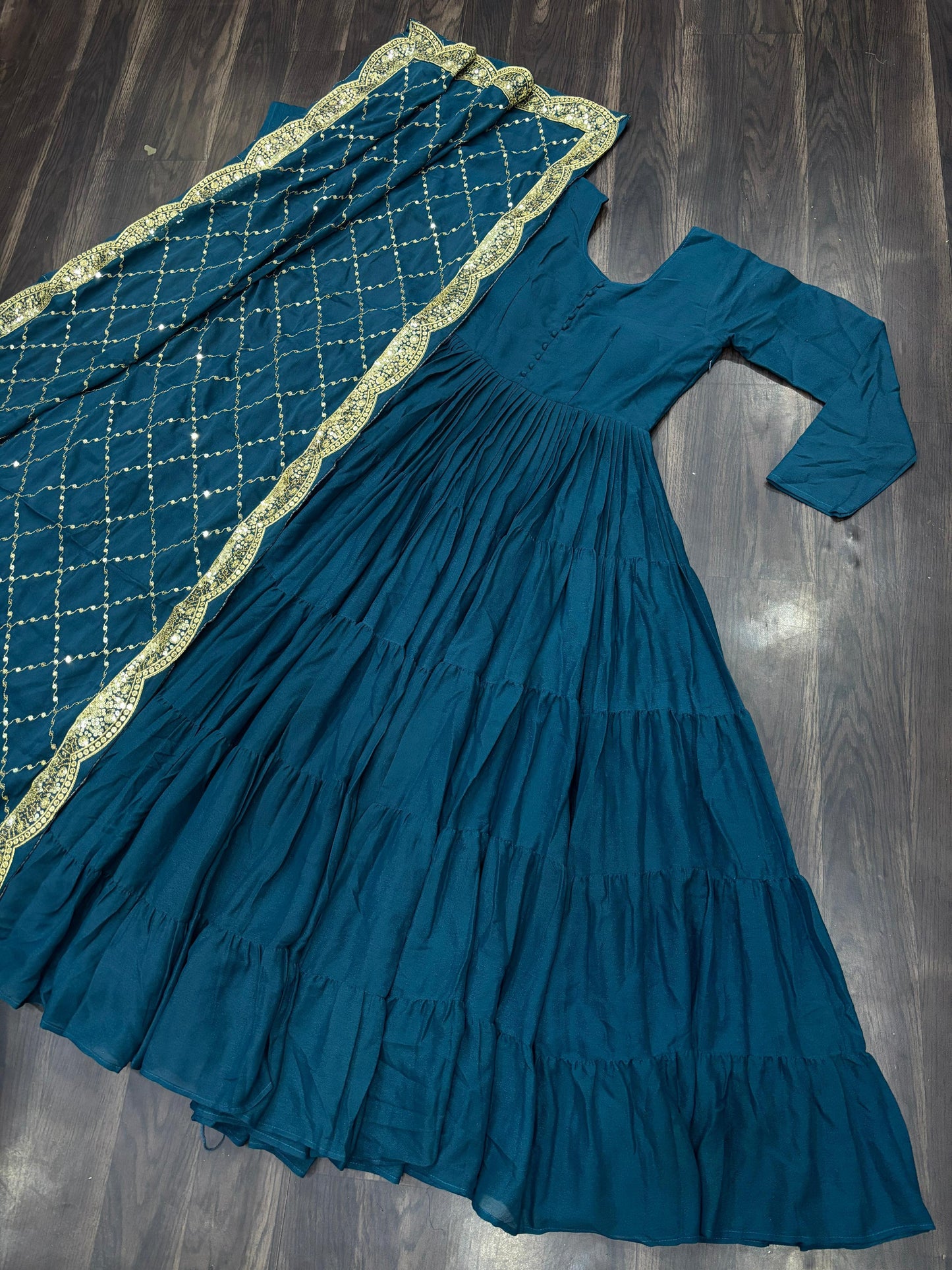 Ceremony Wear Teal Color Star Georgette Fully Flair Gown And Designer Embroidered Dupatta