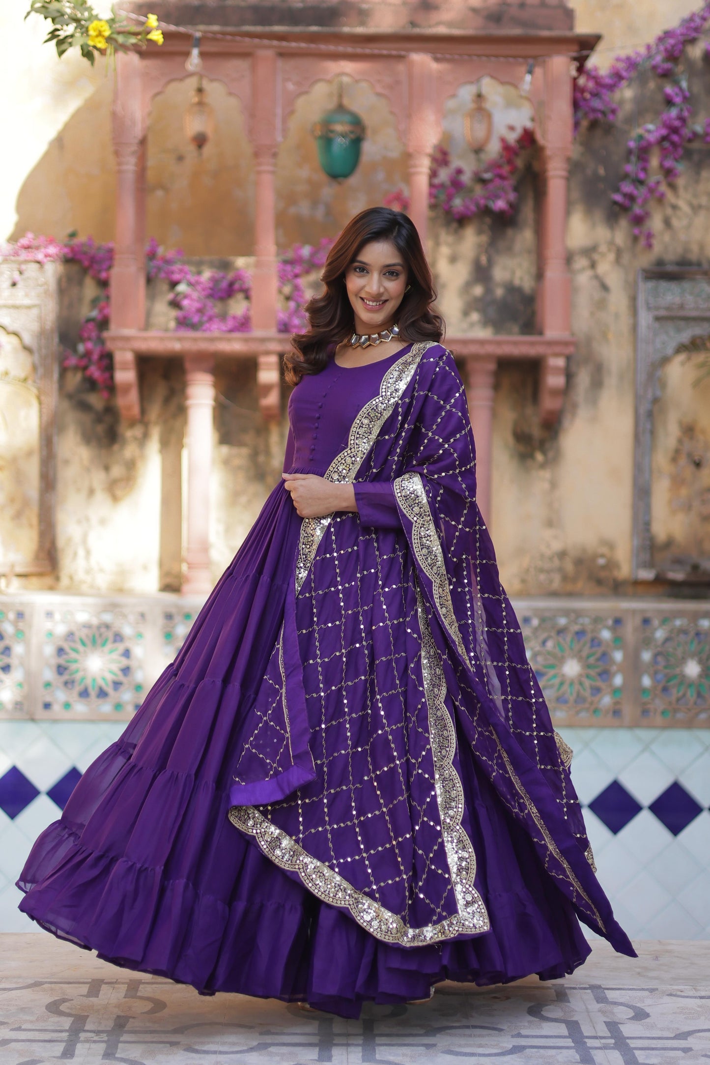 Ceremony Wear Purple Star Georgette Fully Flair Gown And Designer Embroidered Dupatta