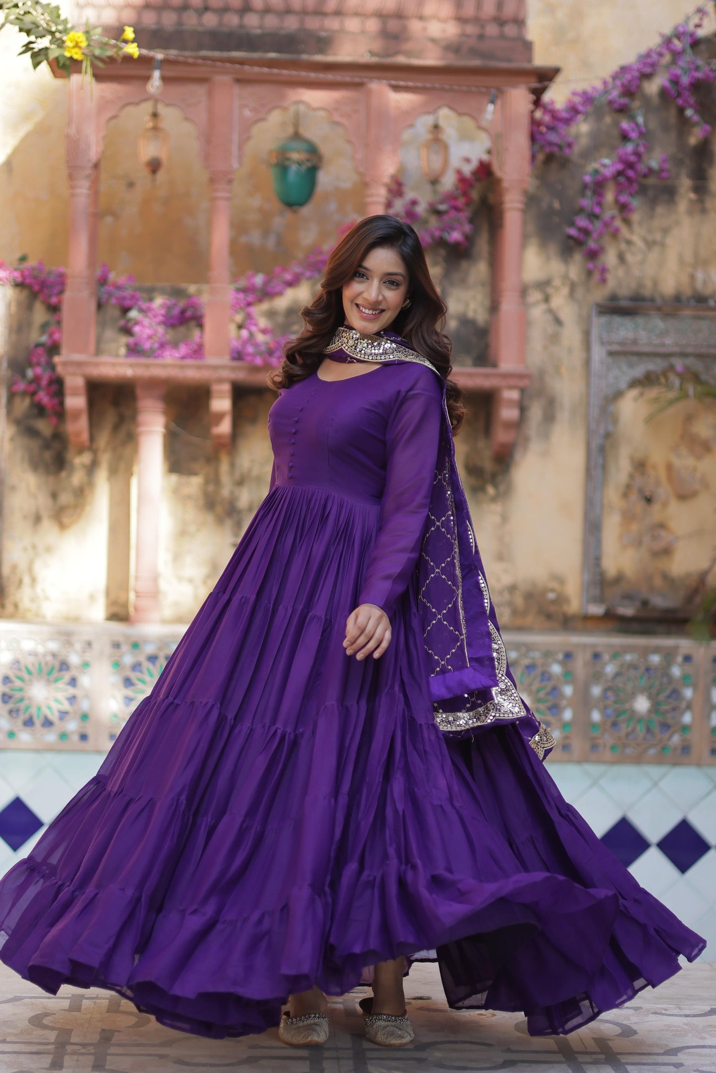 Ceremony Wear Purple Star Georgette Fully Flair Gown And Designer Embroidered Dupatta