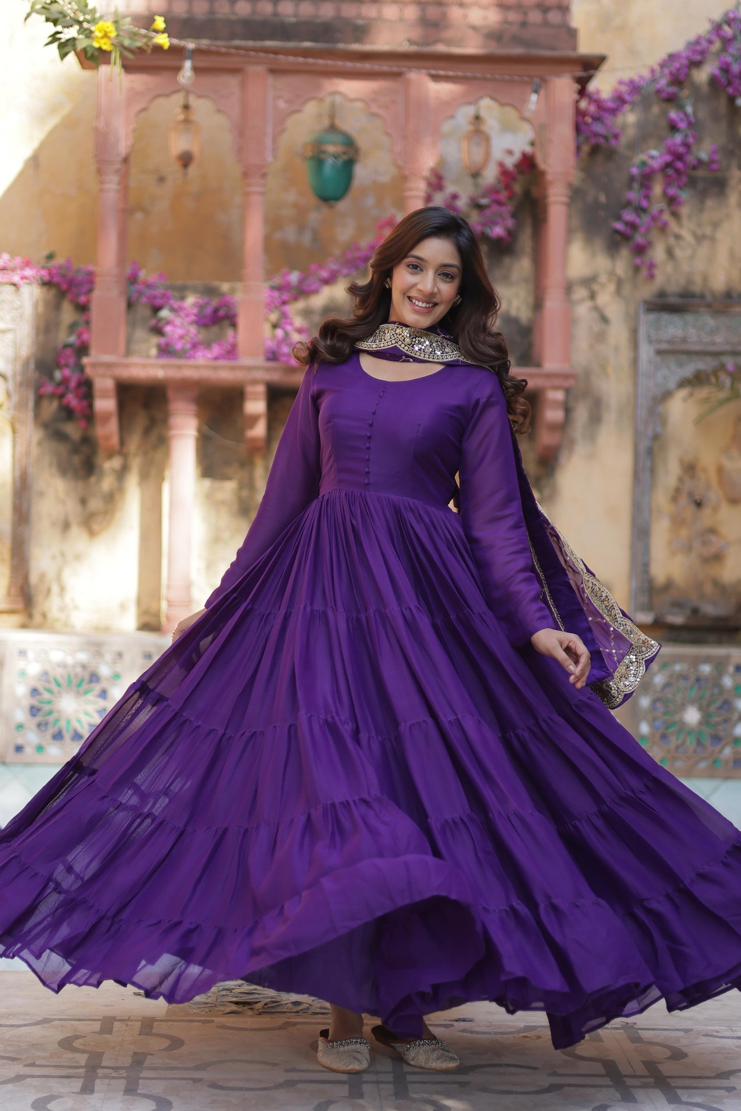 Ceremony Wear Purple Star Georgette Fully Flair Gown And Designer Embroidered Dupatta