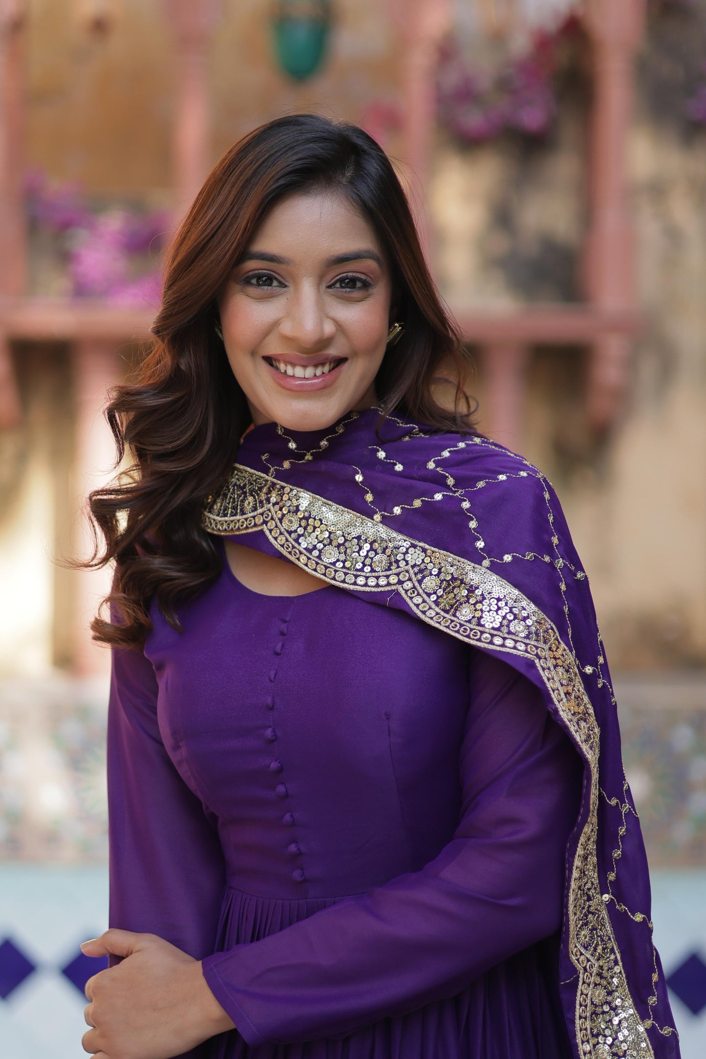 Ceremony Wear Purple Star Georgette Fully Flair Gown And Designer Embroidered Dupatta