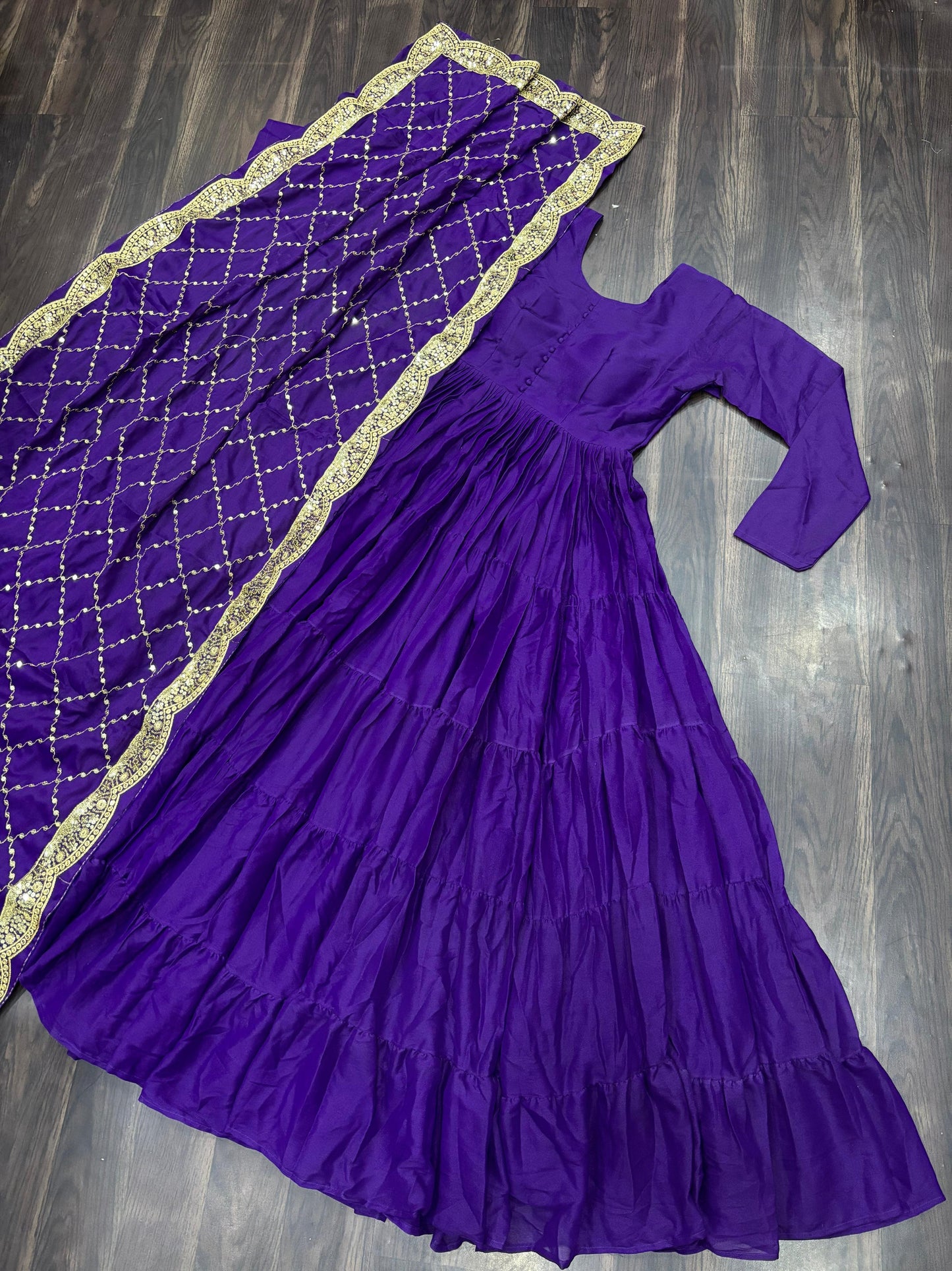 Ceremony Wear Purple Star Georgette Fully Flair Gown And Designer Embroidered Dupatta