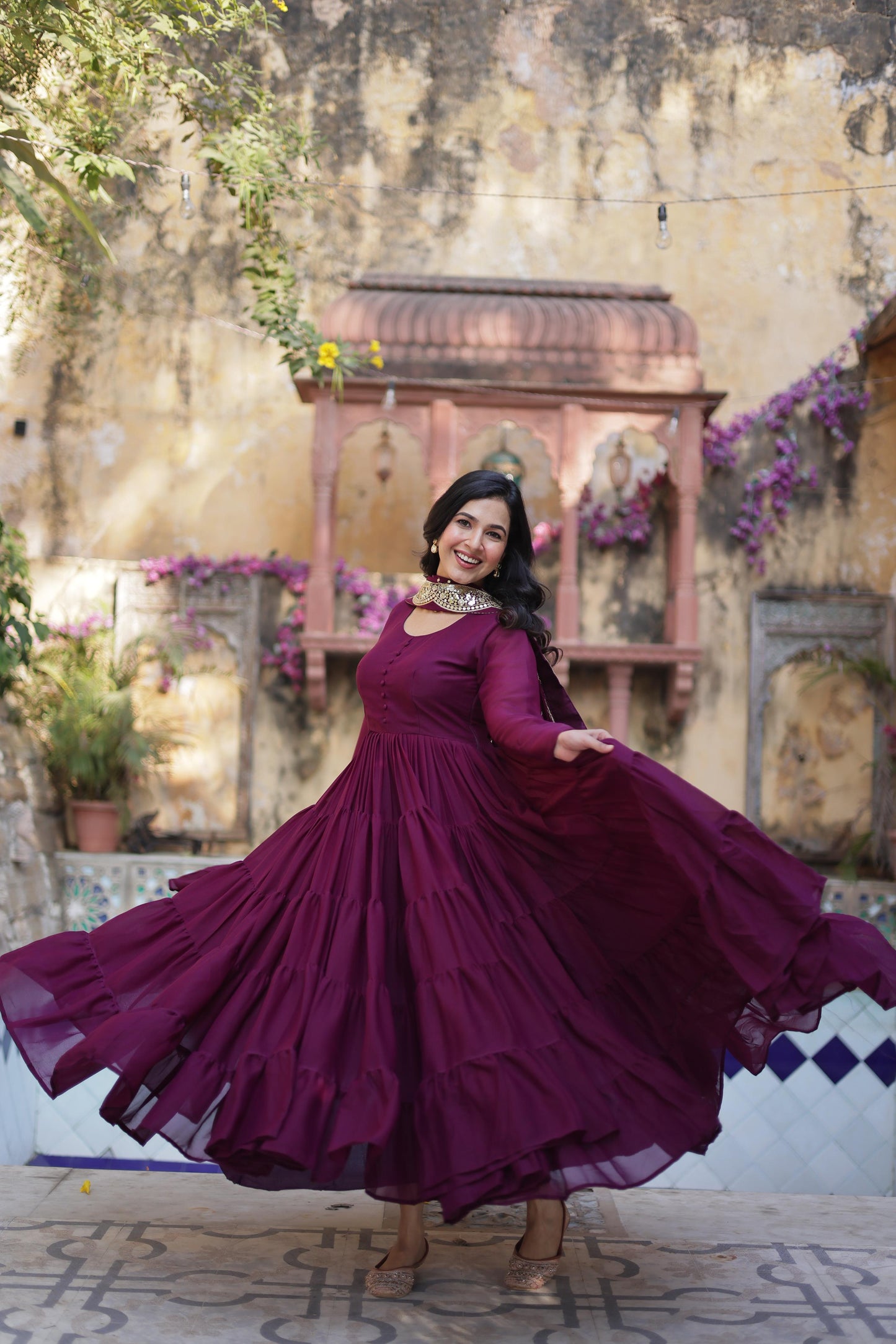 Ceremony Wear Wine Star Georgette Fully Flair Gown And Designer Embroidered Dupatta