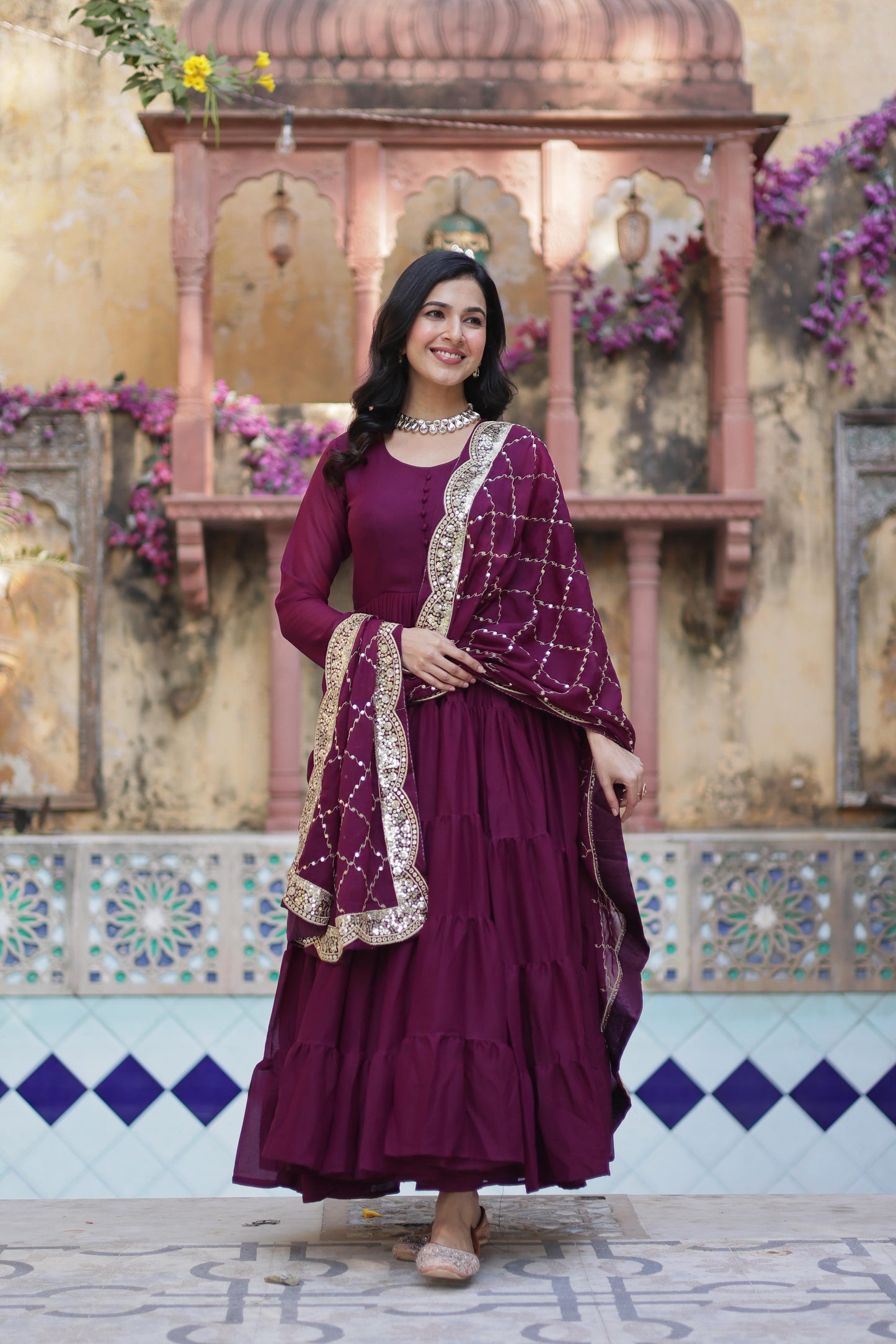Ceremony Wear Wine Star Georgette Fully Flair Gown And Designer Embroidered Dupatta