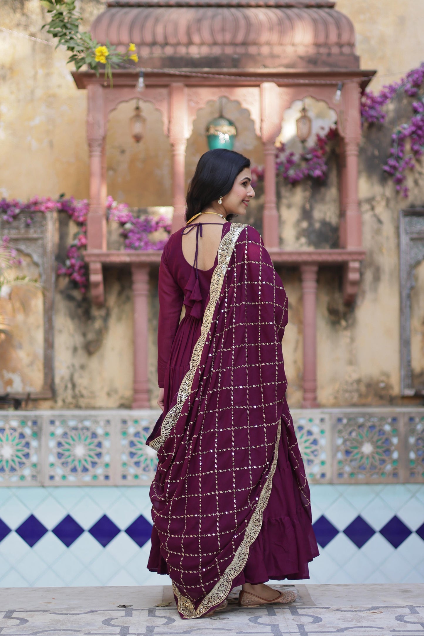 Ceremony Wear Wine Star Georgette Fully Flair Gown And Designer Embroidered Dupatta
