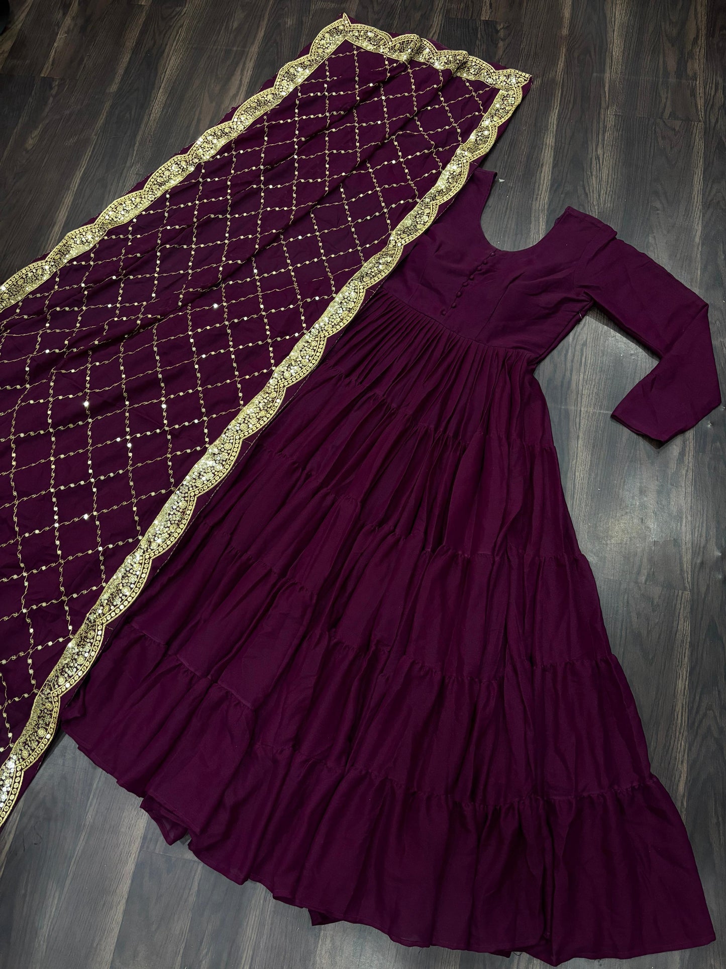 Ceremony Wear Wine Star Georgette Fully Flair Gown And Designer Embroidered Dupatta