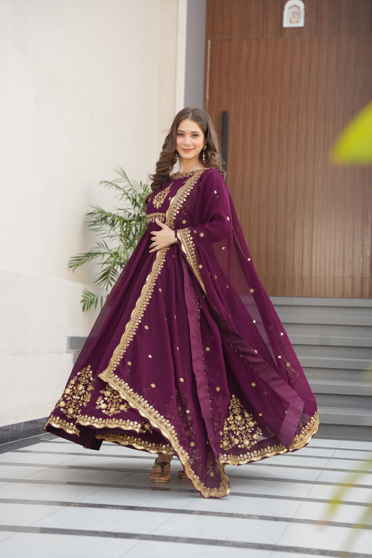 Outstanding Wine Color Faux Blooming Georgette With Zari Thread Sequins Embroidery Designer Gown