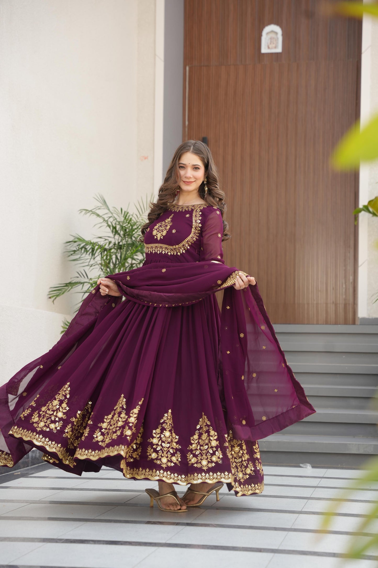 Outstanding Wine Color Faux Blooming Georgette With Zari Thread Sequins Embroidery Designer Gown