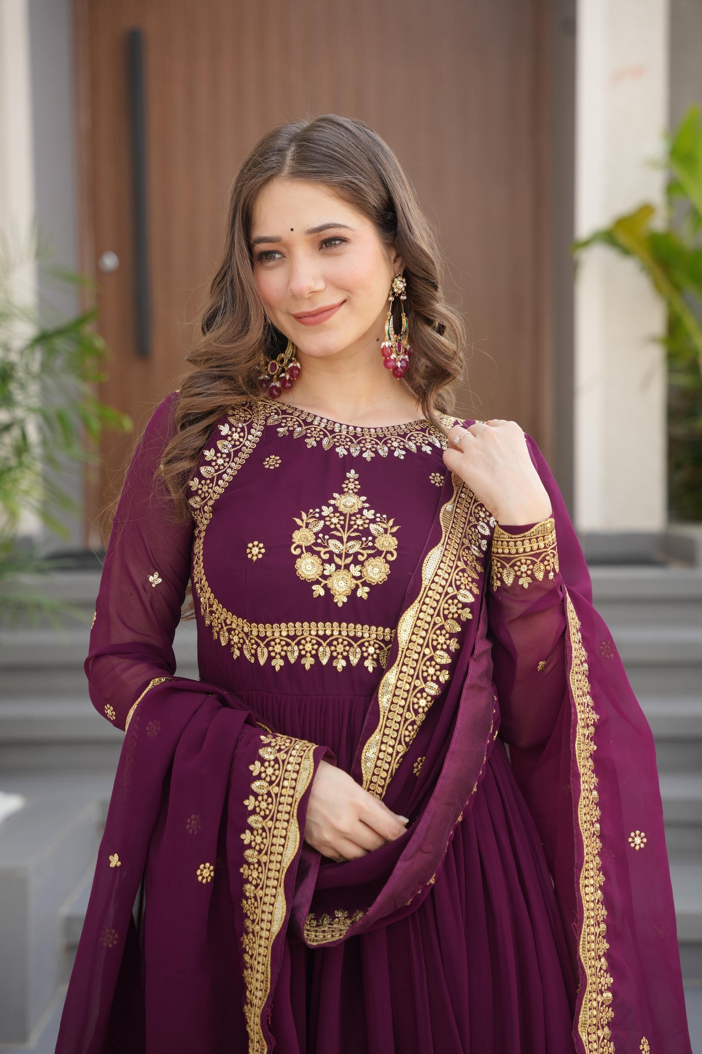Outstanding Wine Color Faux Blooming Georgette With Zari Thread Sequins Embroidery Designer Gown