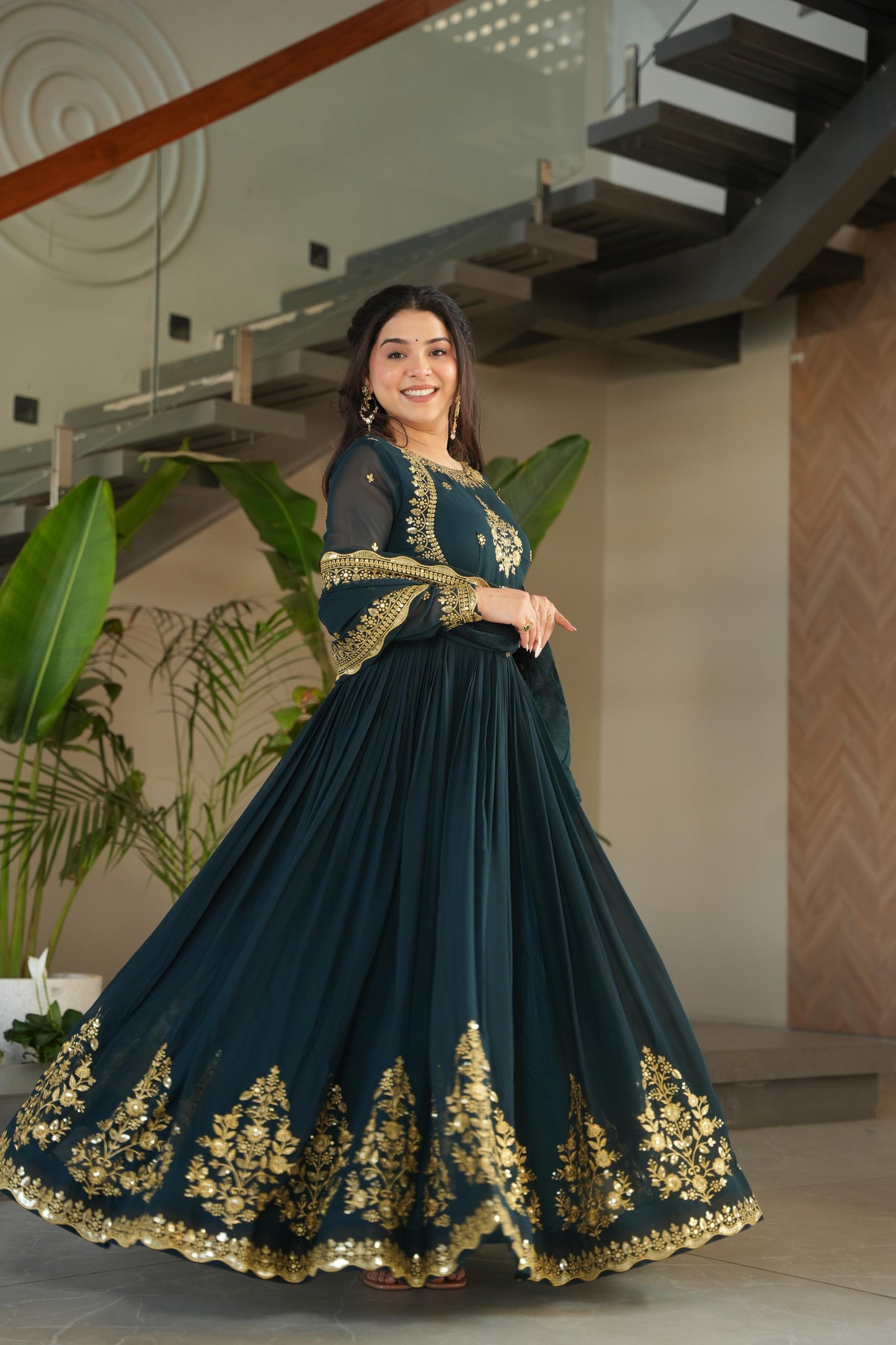 Outstanding Teal Green Color Faux Blooming Georgette With Zari Thread Sequins Embroidery Designer Gown