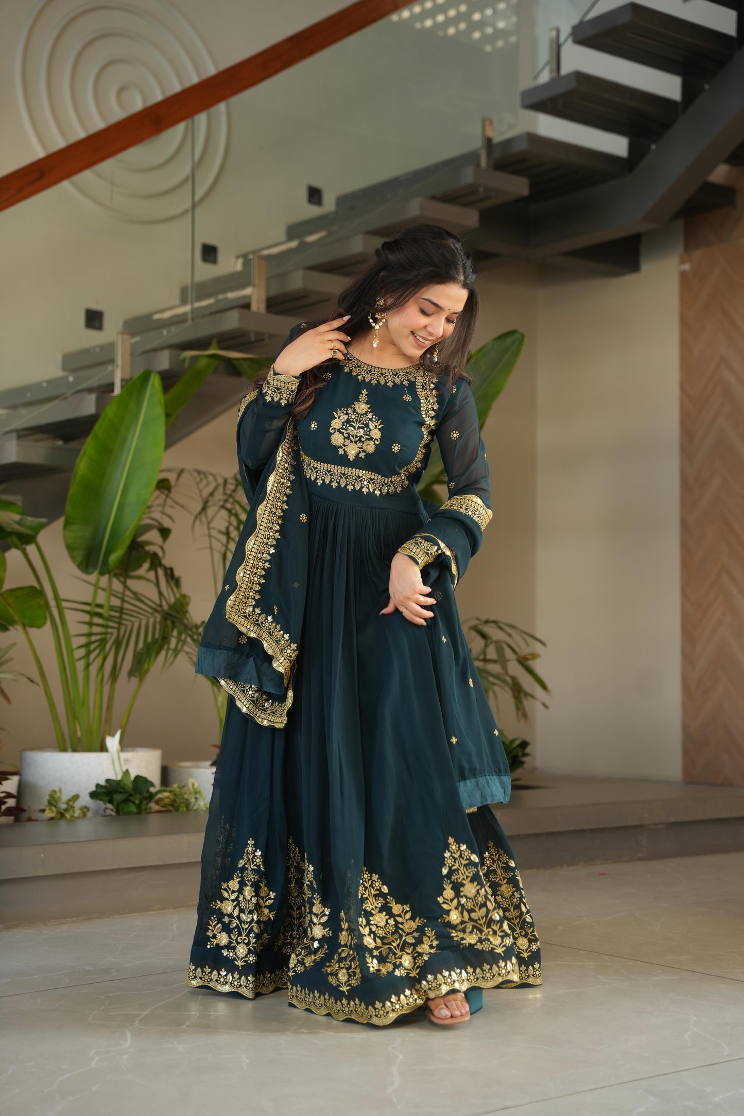Outstanding Teal Green Color Faux Blooming Georgette With Zari Thread Sequins Embroidery Designer Gown