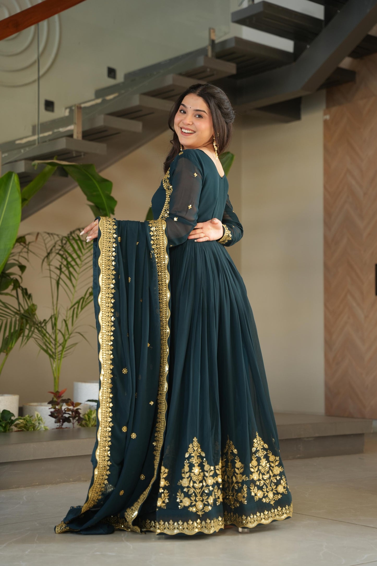 Outstanding Teal Green Color Faux Blooming Georgette With Zari Thread Sequins Embroidery Designer Gown