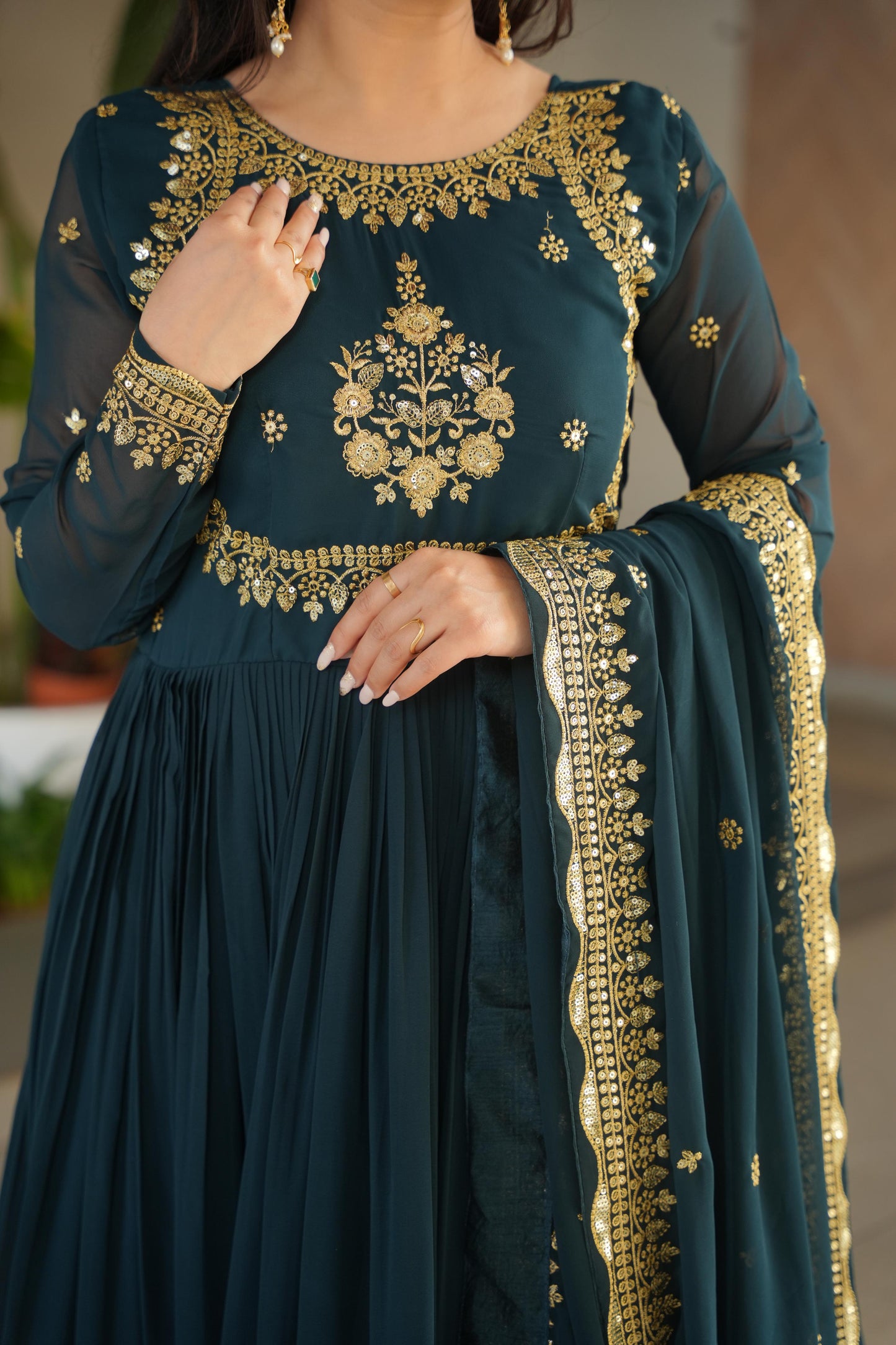 Outstanding Teal Green Color Faux Blooming Georgette With Zari Thread Sequins Embroidery Designer Gown