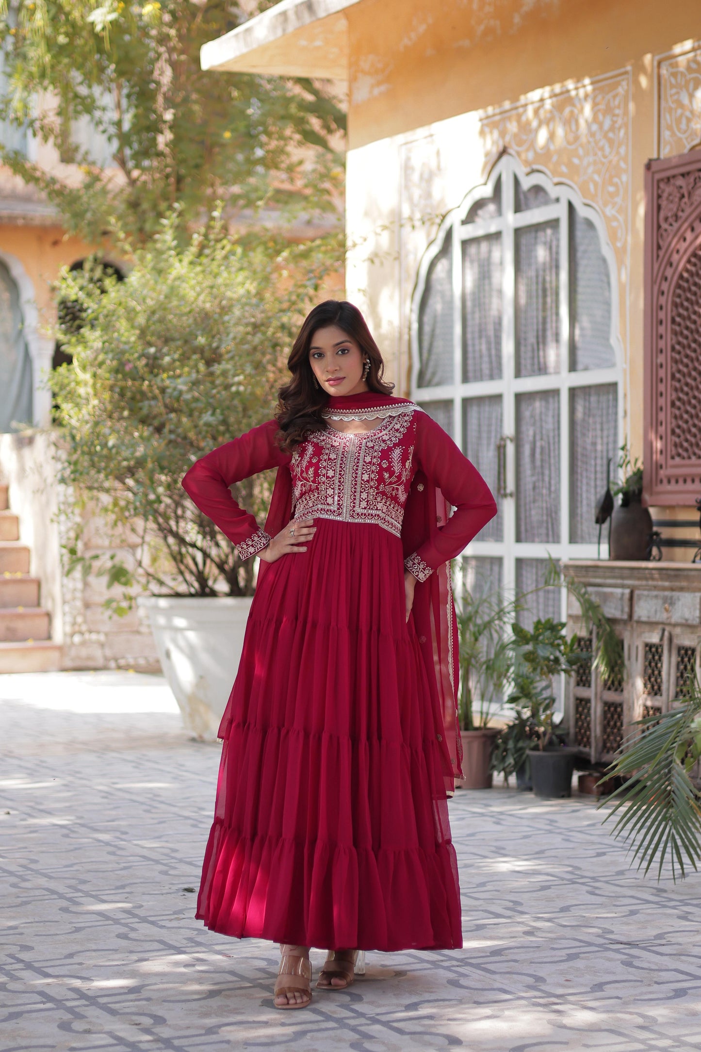 Stunning Pink Color Faux Blooming Georgette With Attractive Embroidered Pearl Work Designer Gown