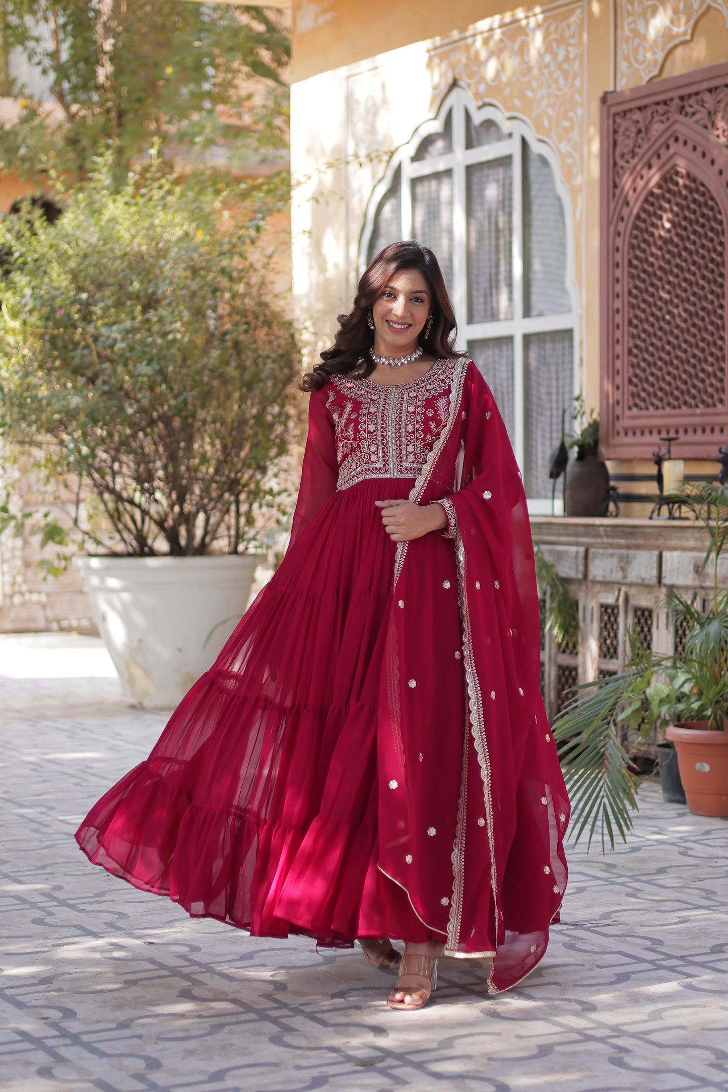 Stunning Pink Color Faux Blooming Georgette With Attractive Embroidered Pearl Work Designer Gown