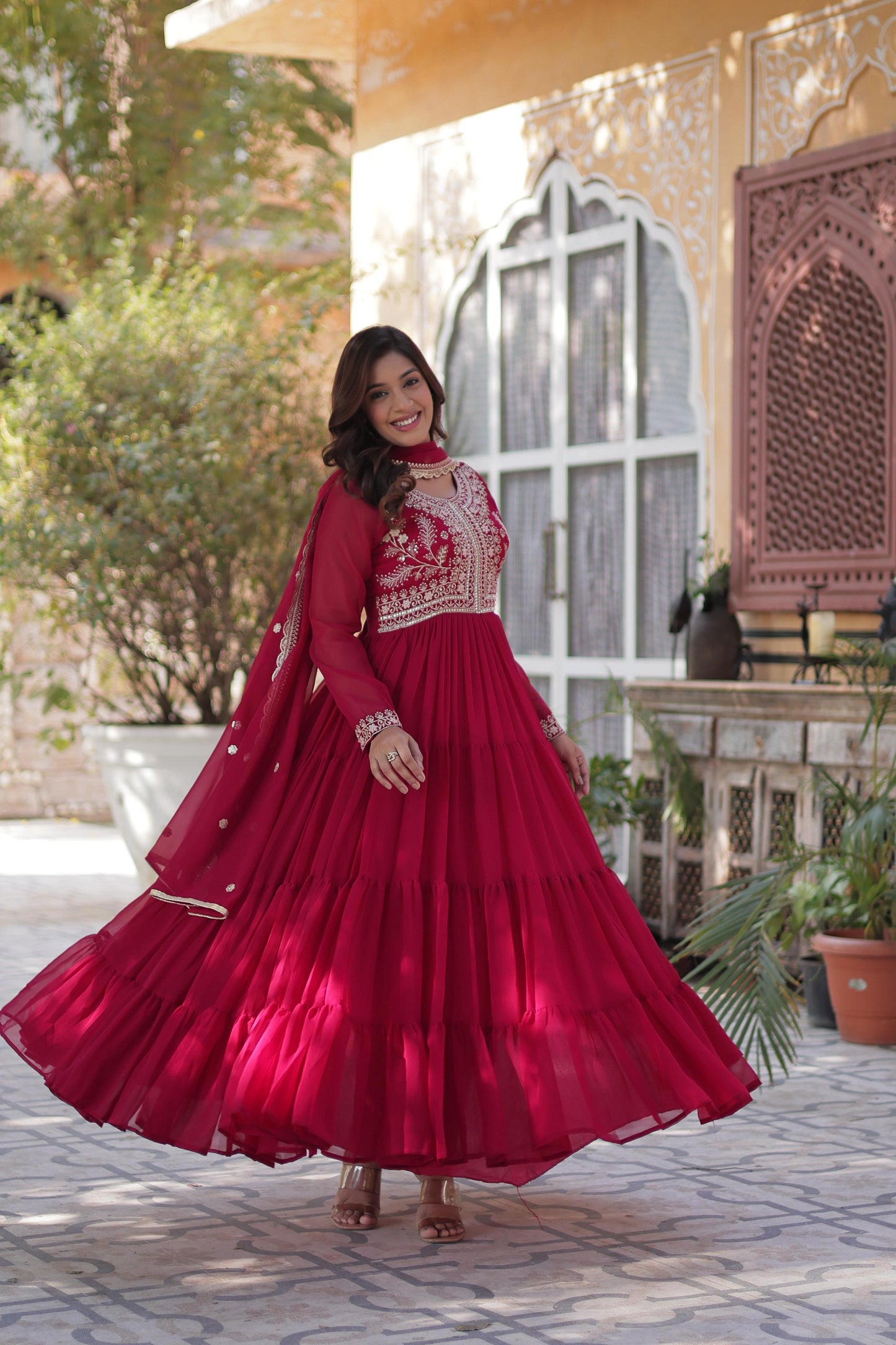 Stunning Pink Color Faux Blooming Georgette With Attractive Embroidered Pearl Work Designer Gown
