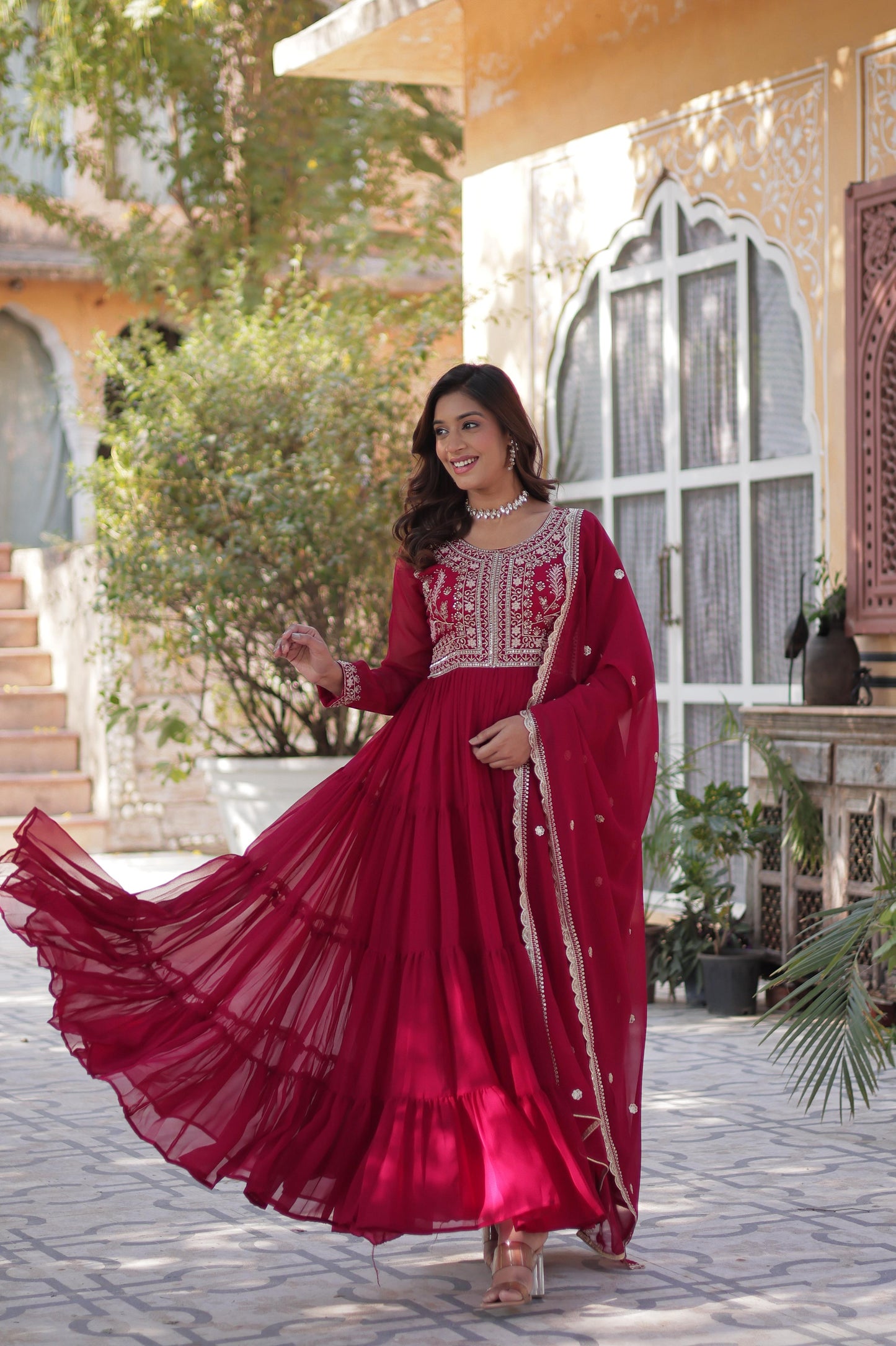 Stunning Pink Color Faux Blooming Georgette With Attractive Embroidered Pearl Work Designer Gown